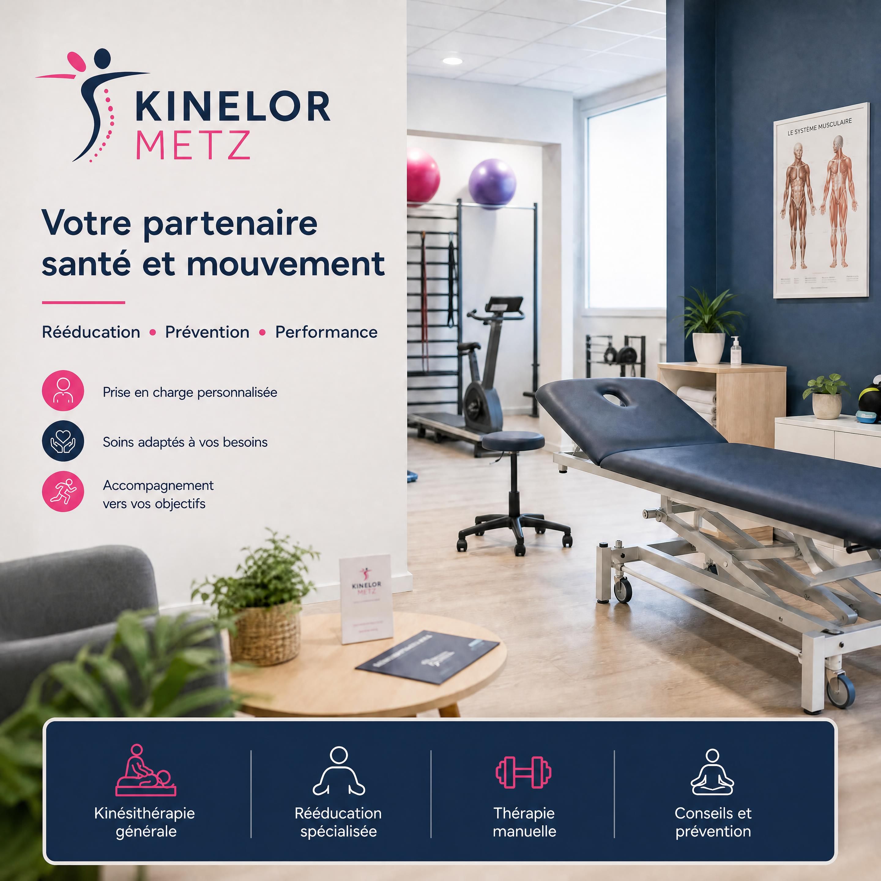 cabinet Kinelor Metz moderne avec espace de rééducation spécialisé, matériel de kinésithérapie et ambiance rassurante