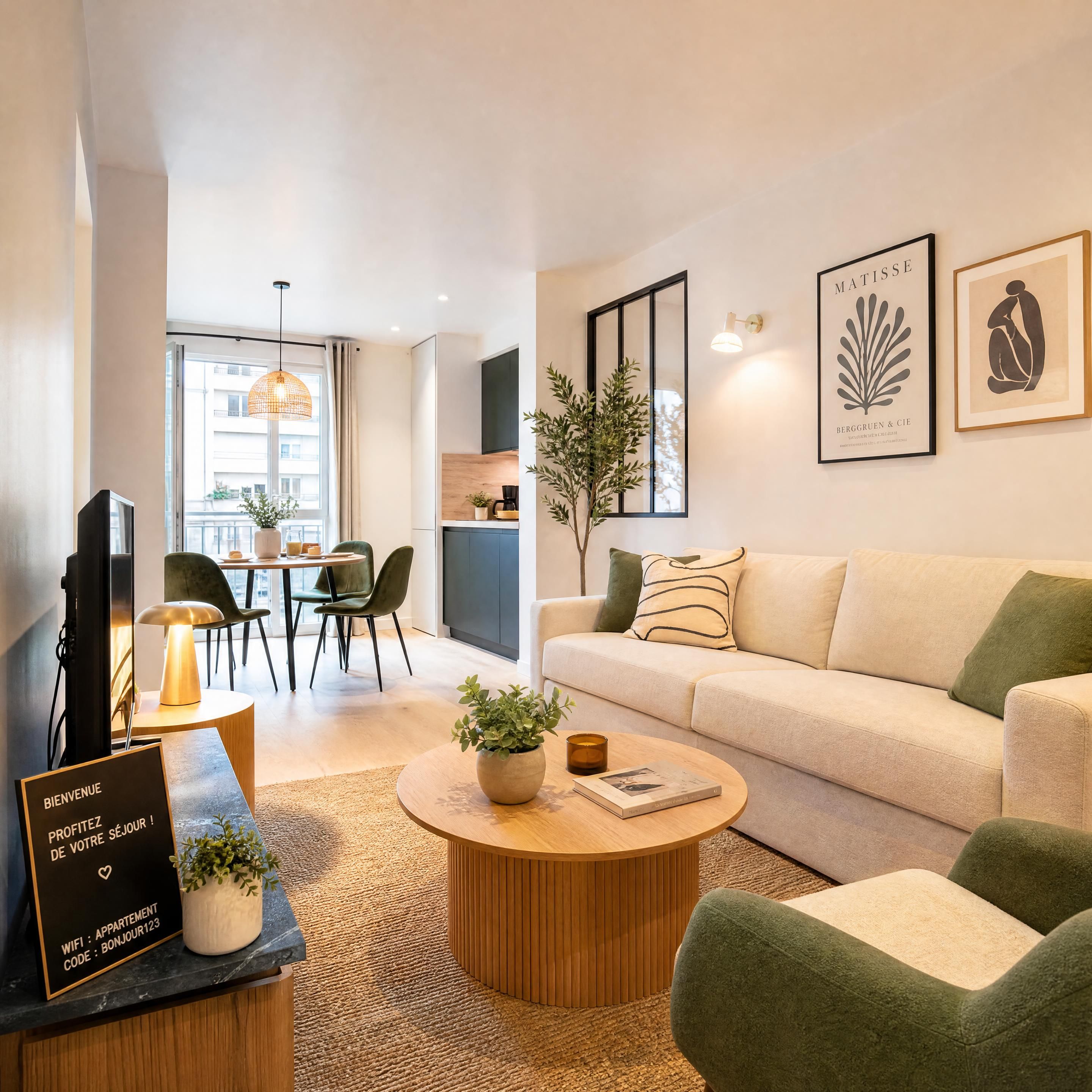 Intérieur d'un appartement moderne et chaleureux aménagé pour la location courte durée avec un espace salon lumineux et une décoration épurée