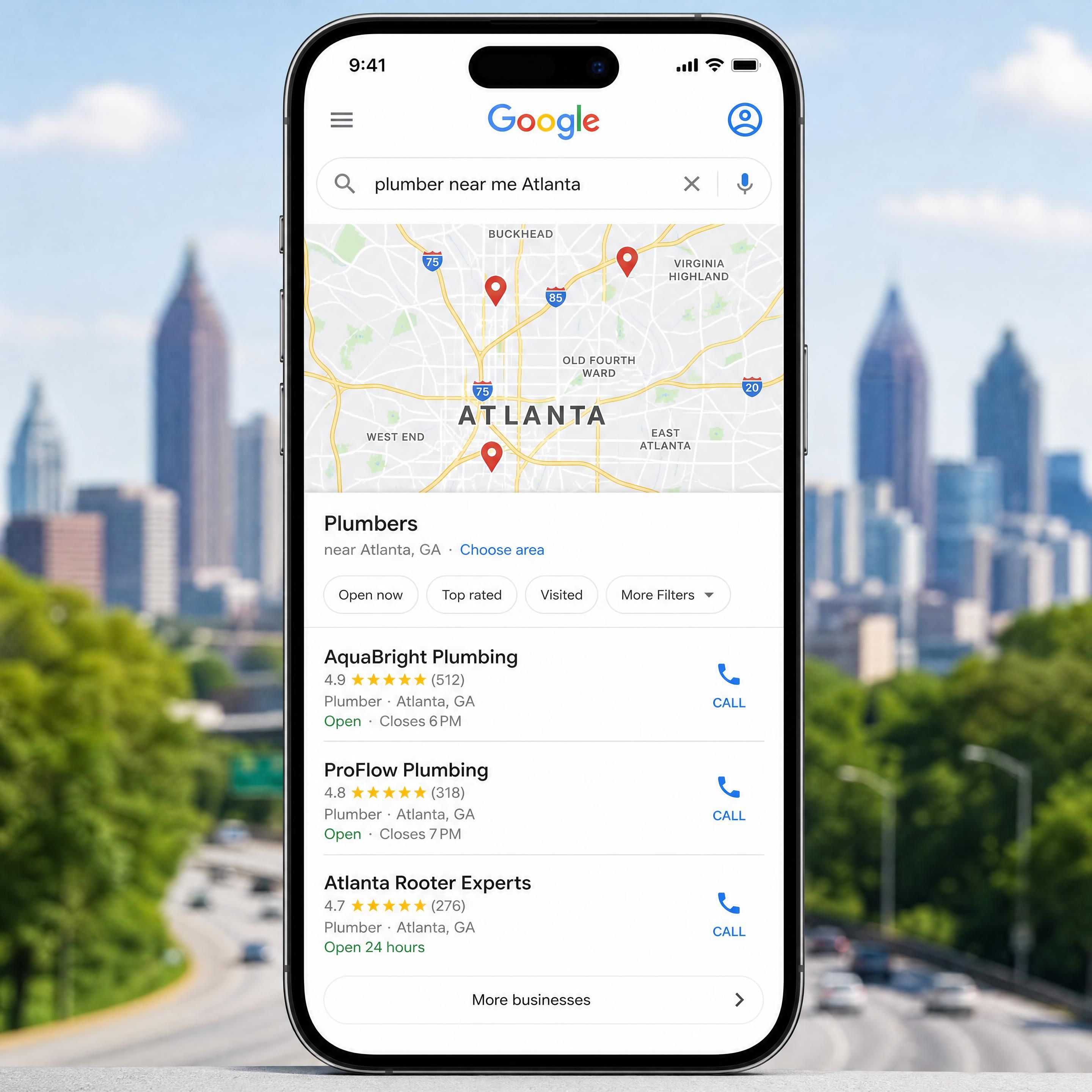 A smartphone screen showing a Google Maps search result for local services in Atlanta