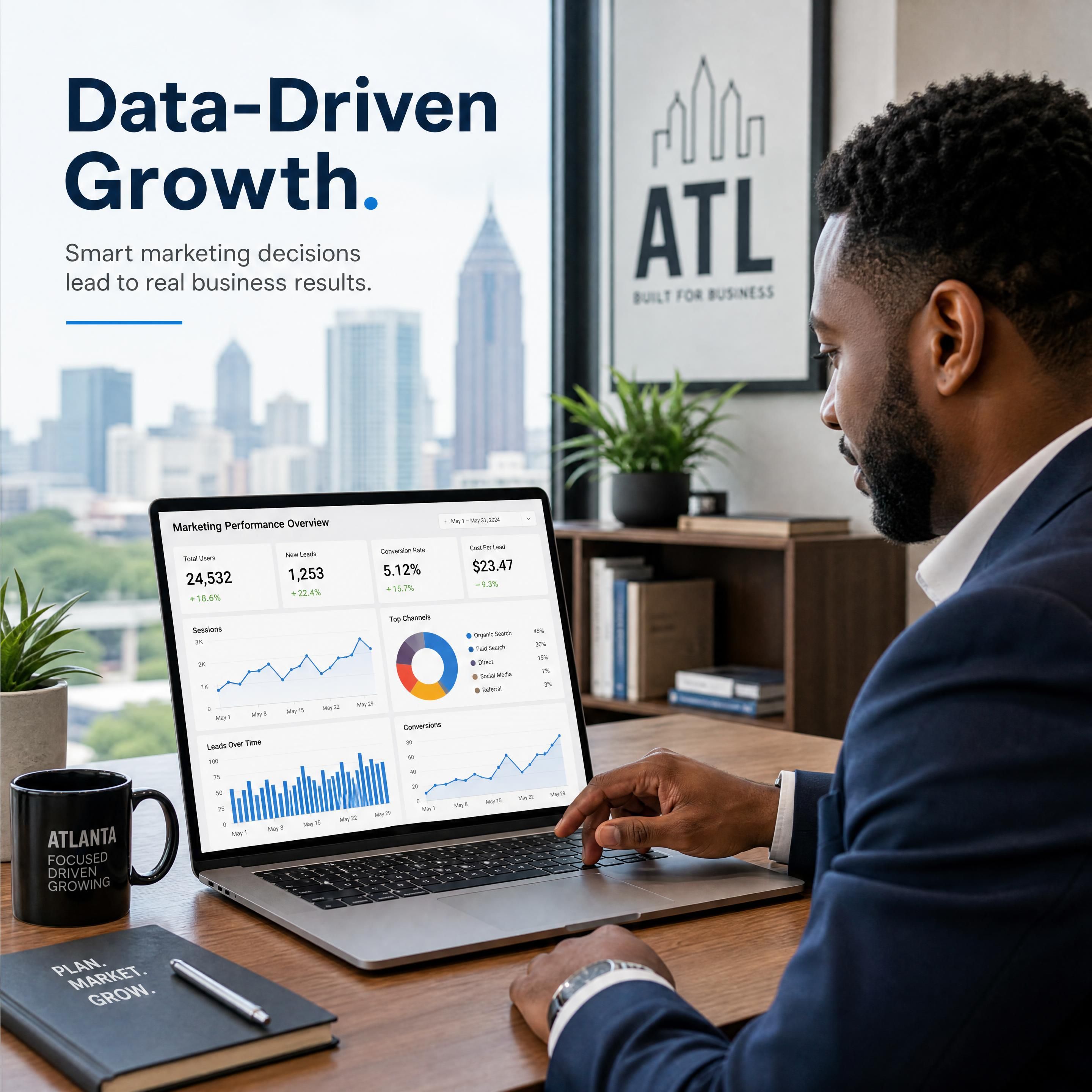 A professional Atlanta business owner reviewing a digital marketing performance dashboard on a laptop