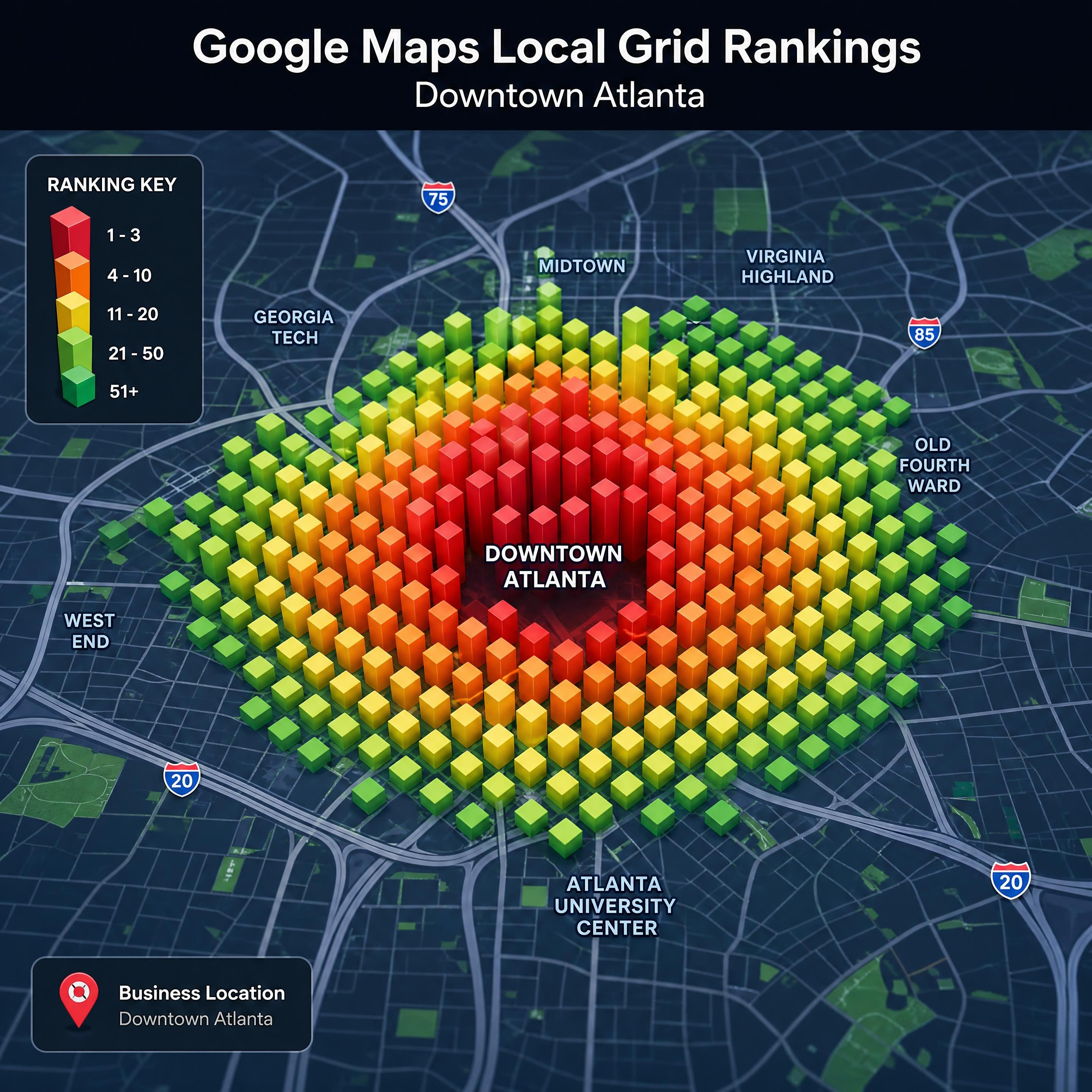 A 3D heat map visualization of Google Maps local grid rankings in the downtown Atlanta area