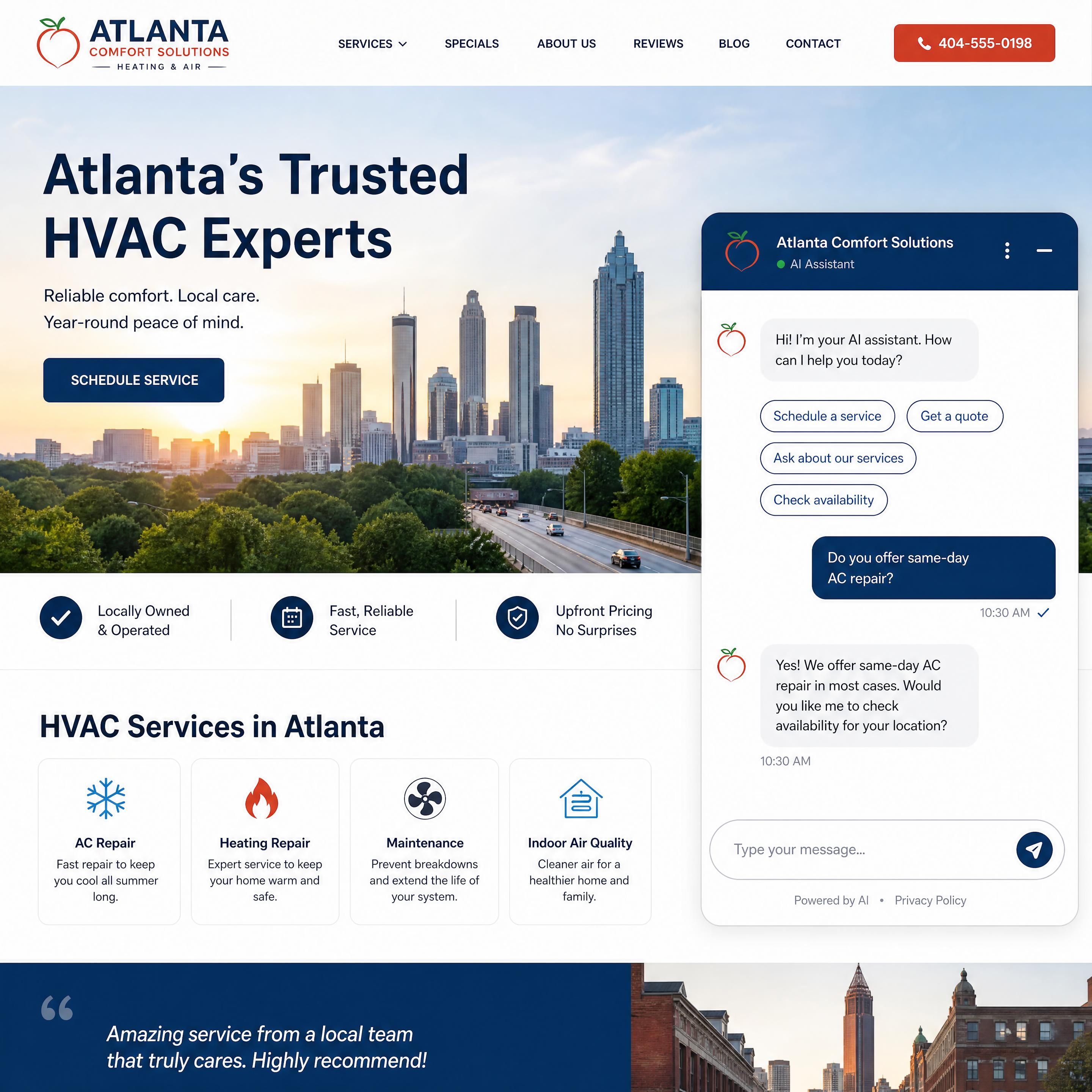 An interactive AI chatbot interface seamlessly integrated into an Atlanta local business website