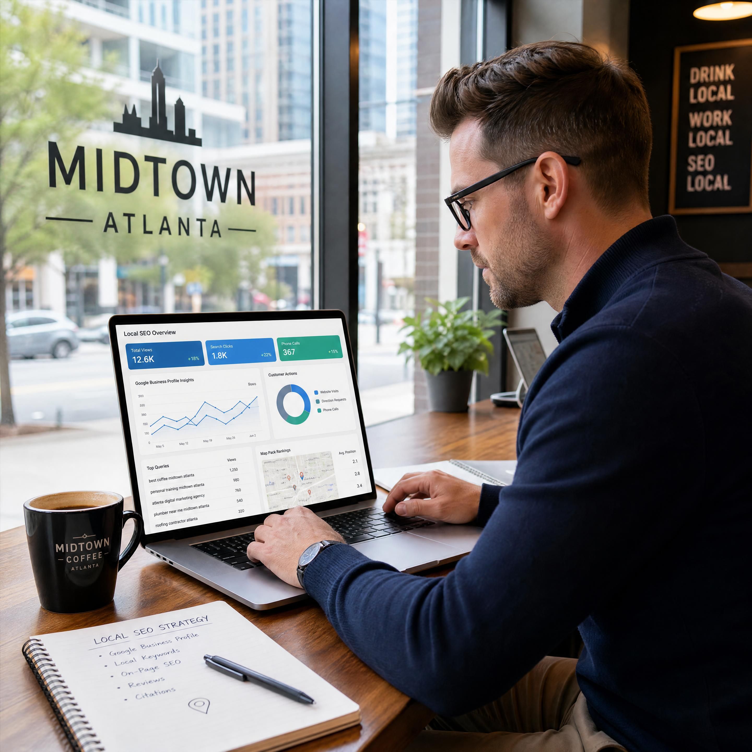 A professional local SEO consultant analyzing search data on a laptop in a Midtown Atlanta coffee shop