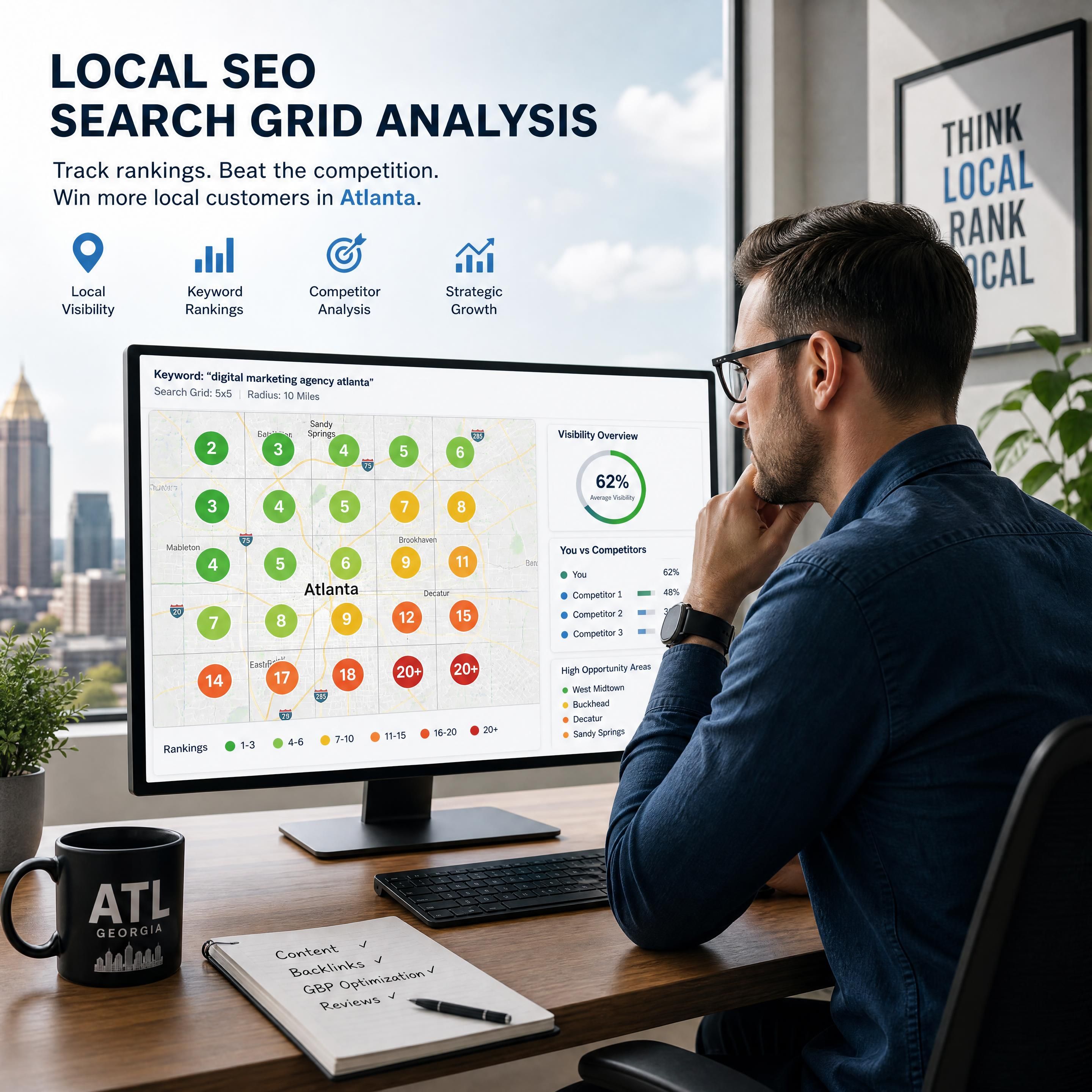 A professional Atlanta digital marketer analyzing a local SEO search grid map with competitive keyword metrics