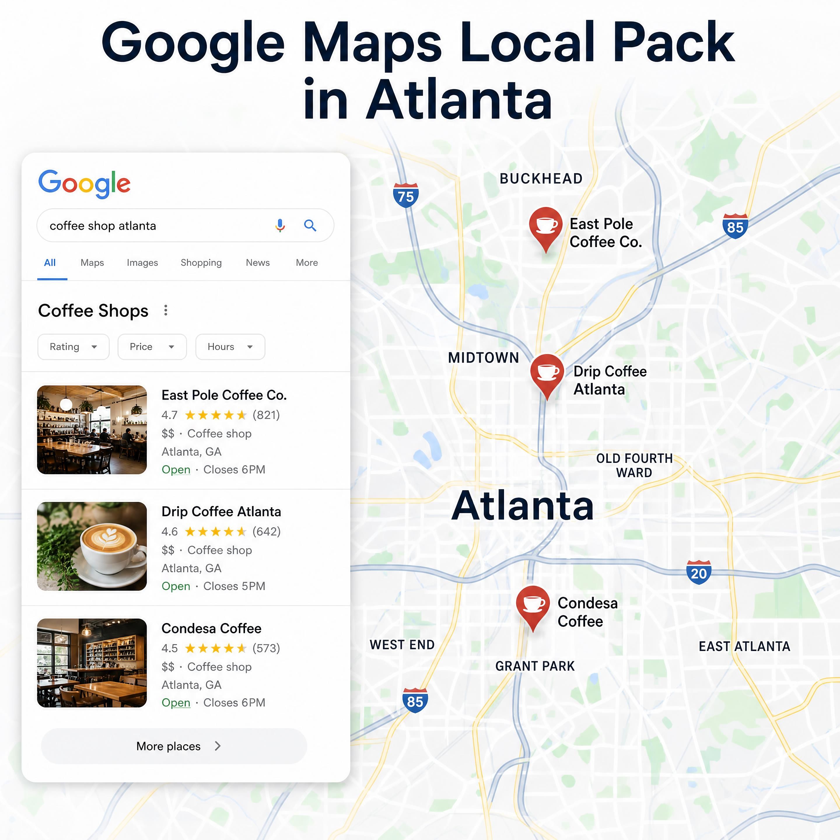 Map of Atlanta showing local business listings in the Google Maps Local Pack