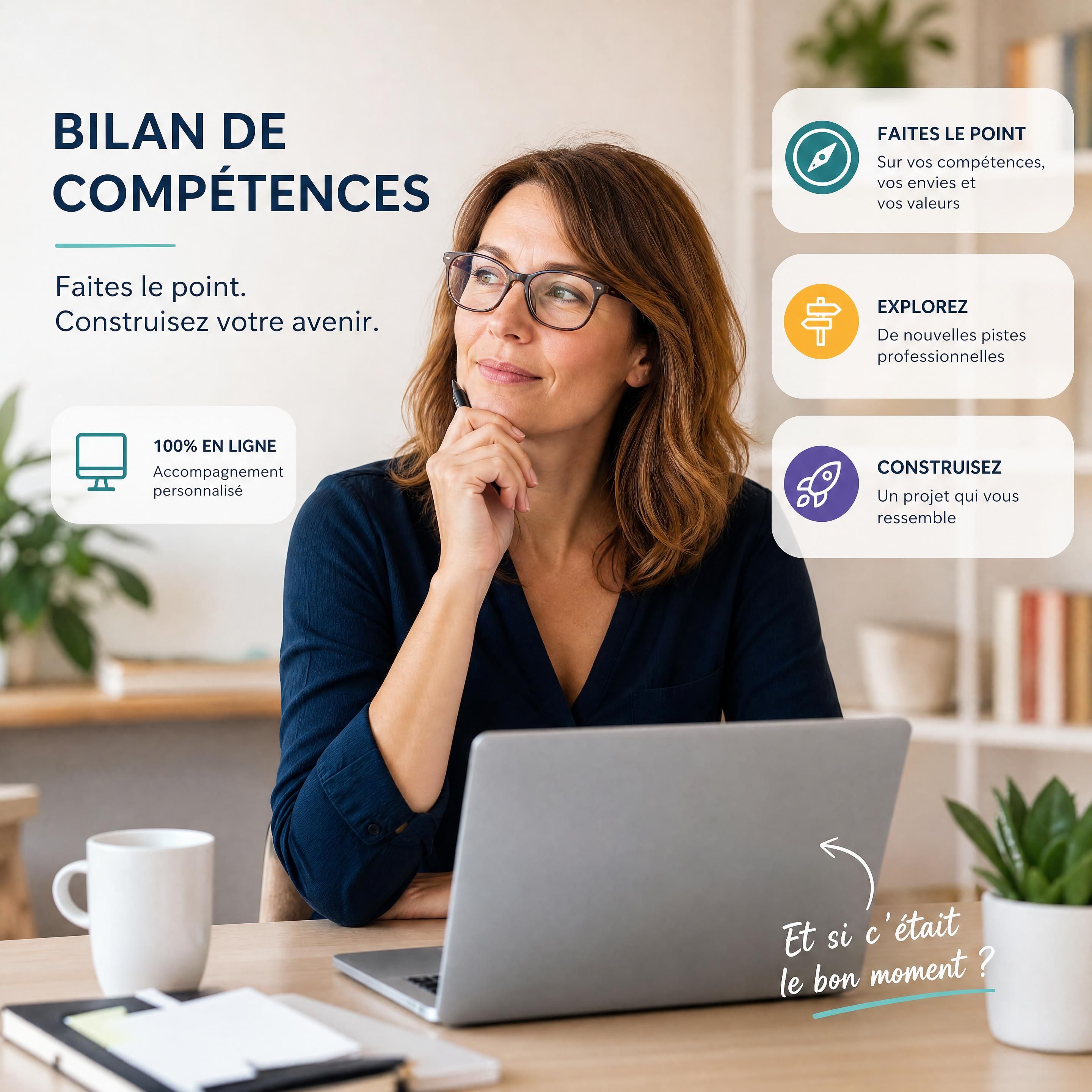 Une professionnelle d'une quarantaine d'années réfléchissant sereinement à son avenir professionnel devant son ordinateur portable, illustrant le bilan de compétences en ligne et la reconversion professionnelle