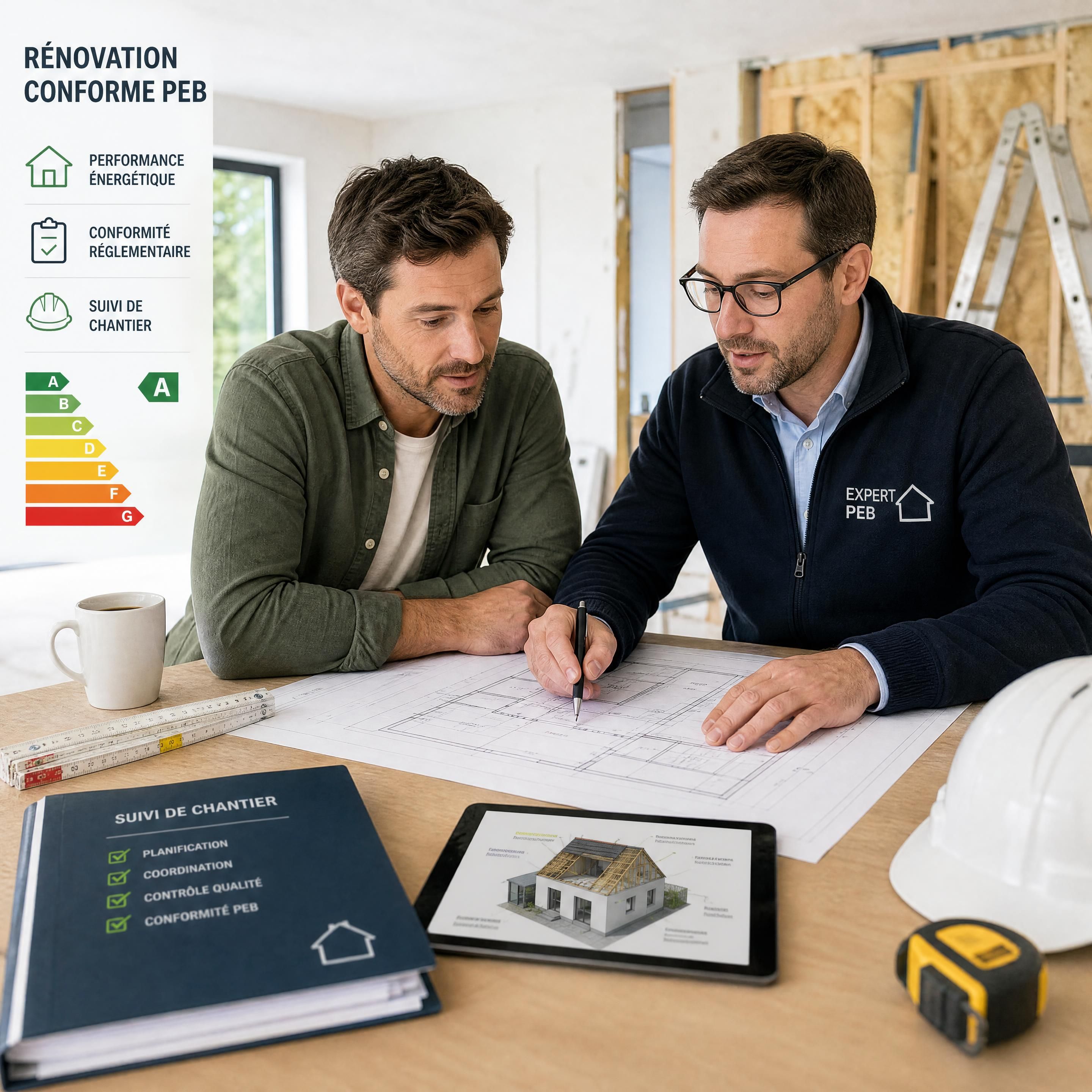 Un propriétaire belge consultant un plan de rénovation avec un expert pour assurer la conformité PEB et le suivi de chantier
