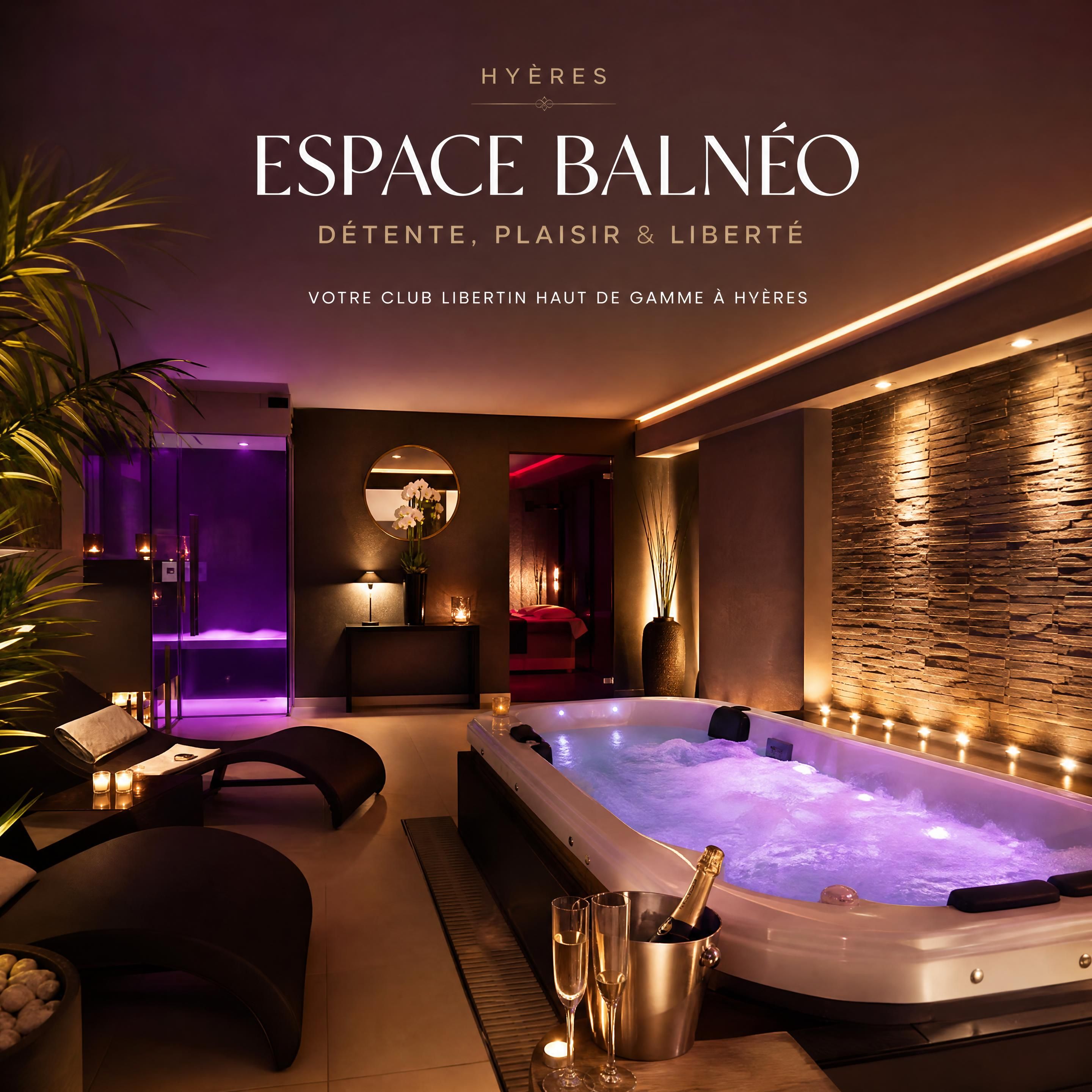 Espace balnéo raffiné d’un club libertin haut de gamme à Hyères avec jacuzzi et lumière tamisée