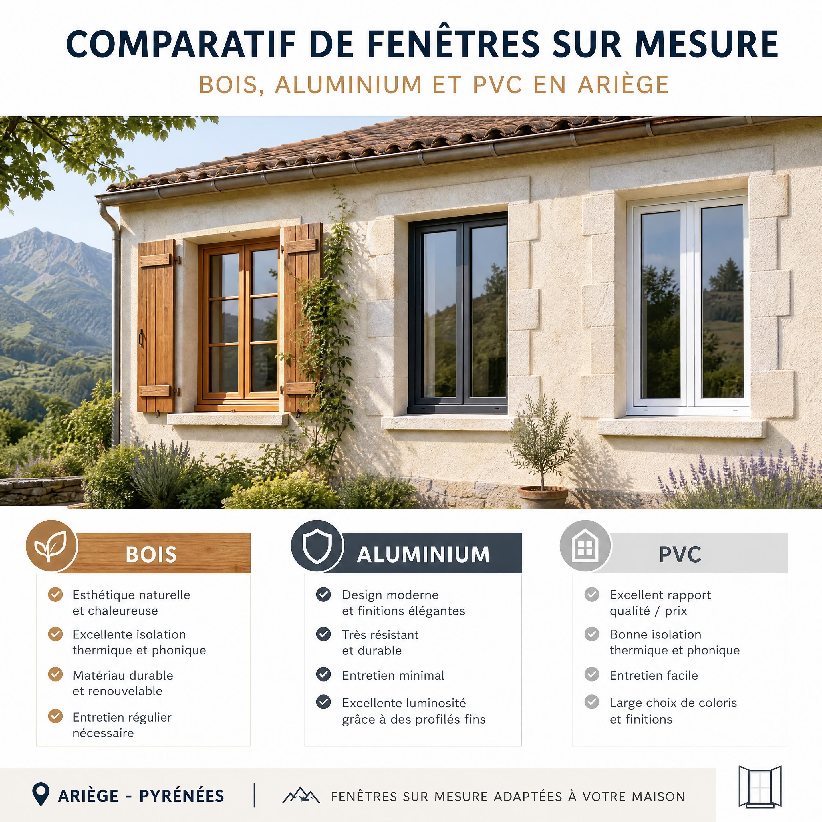 Comparatif de fenêtres sur mesure en bois, aluminium et PVC installées dans une maison traditionnelle en Ariège