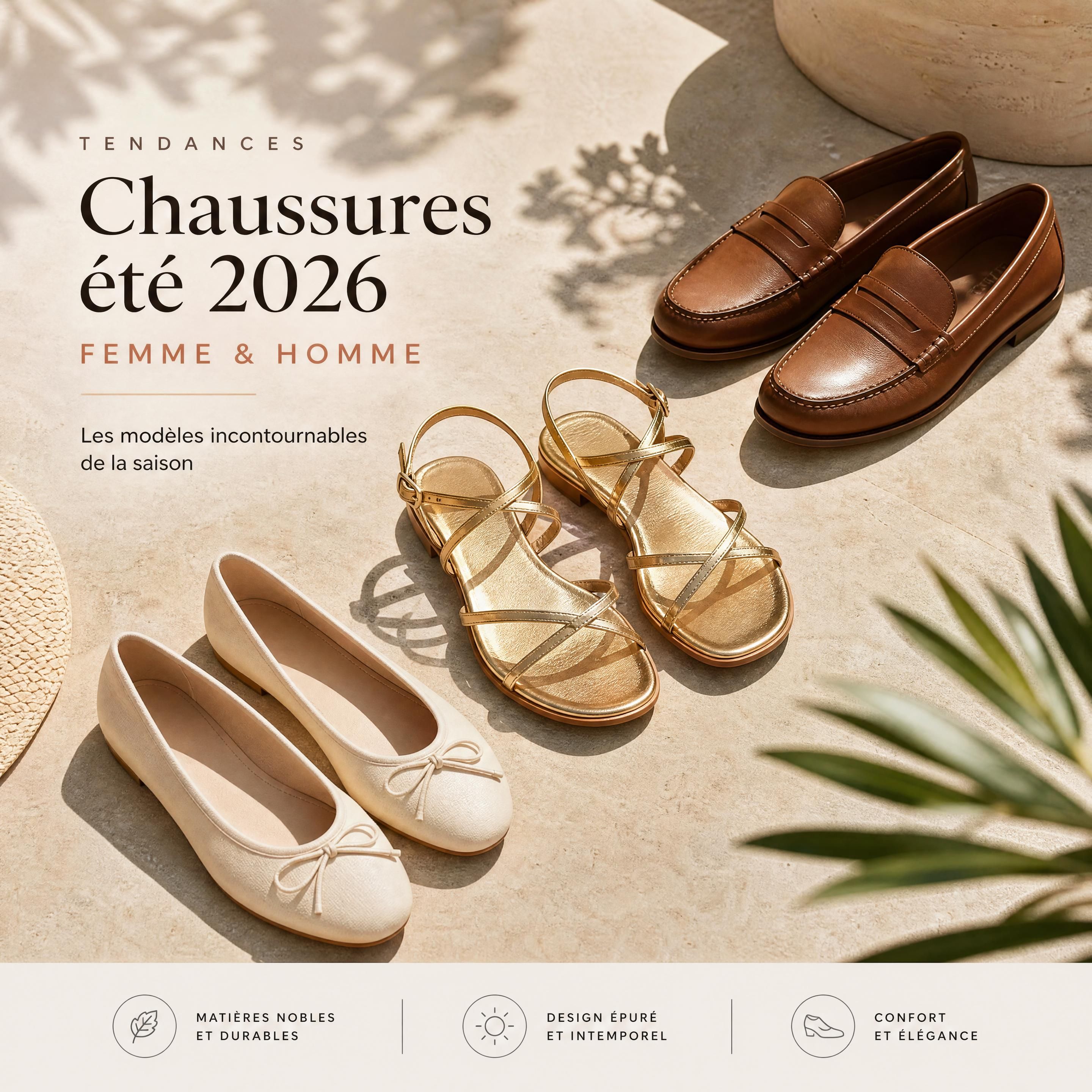 Chaussures été 2026 femme et homme avec ballerines écrues, sandales dorées et mocassins en cuir sur un sol ensoleillé