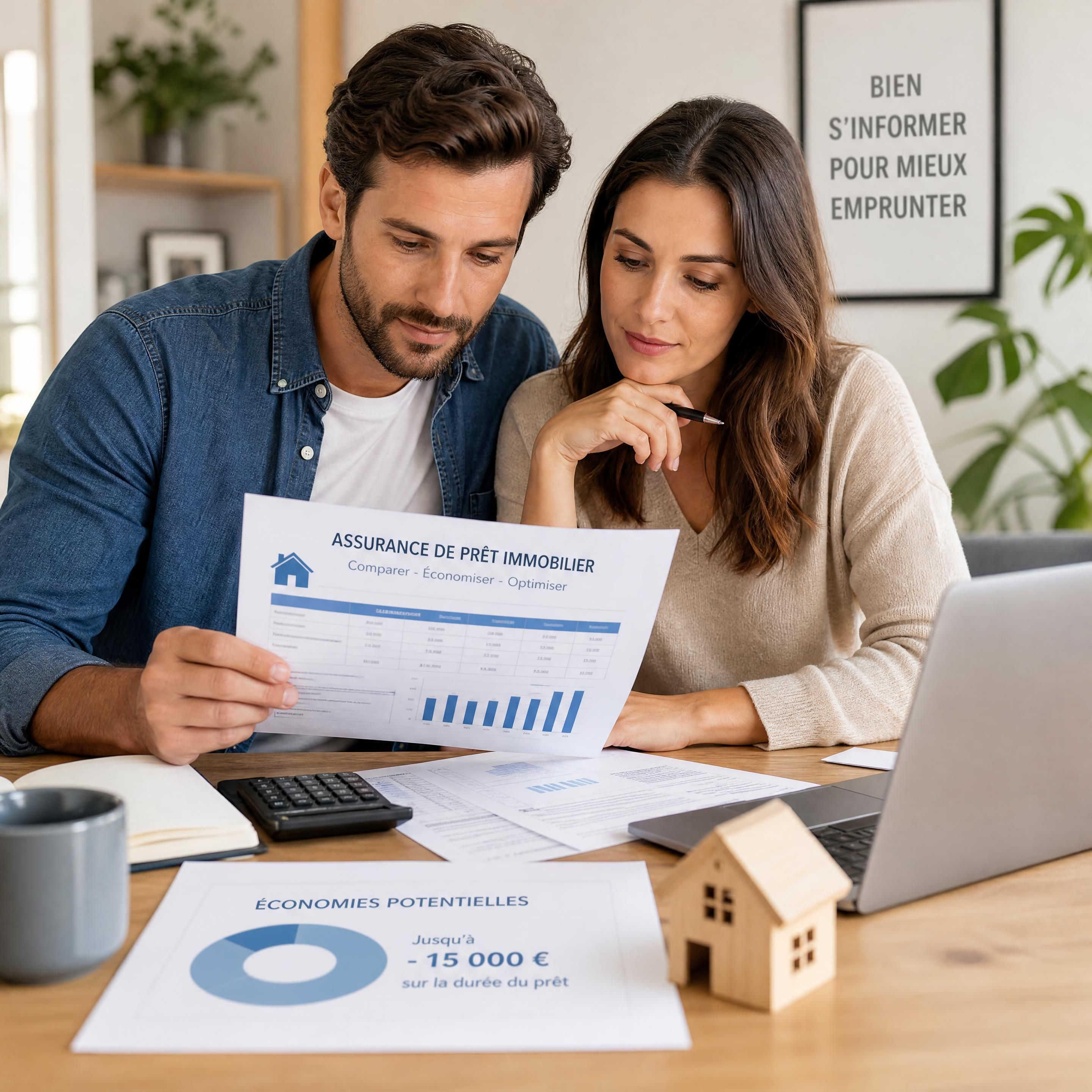 Illustration montrant un couple examinant des documents financiers pour optimiser leur assurance de prêt immobilier