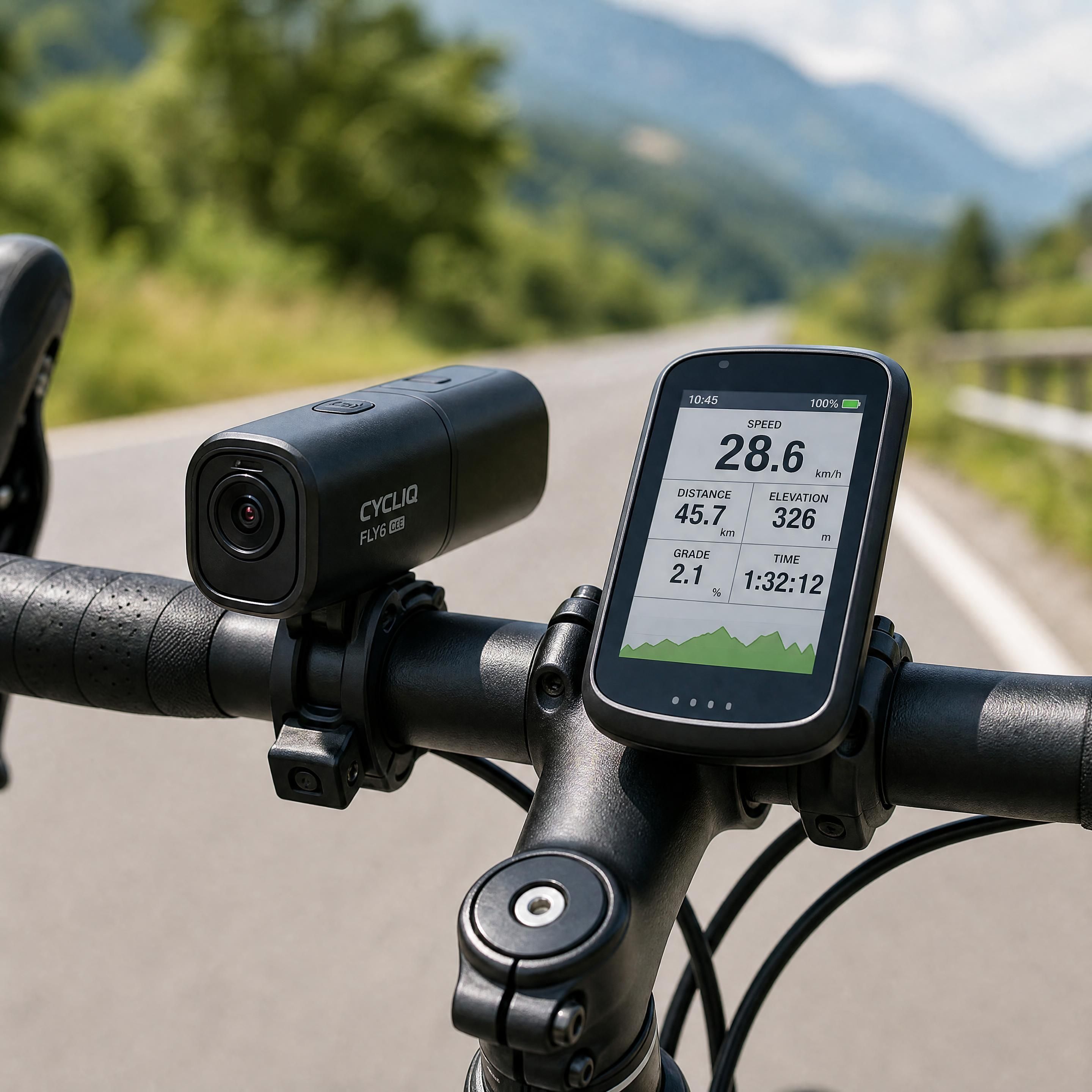 Une dashcam vélo fixée sur le guidon à côté d'un compteur GPS intelligent