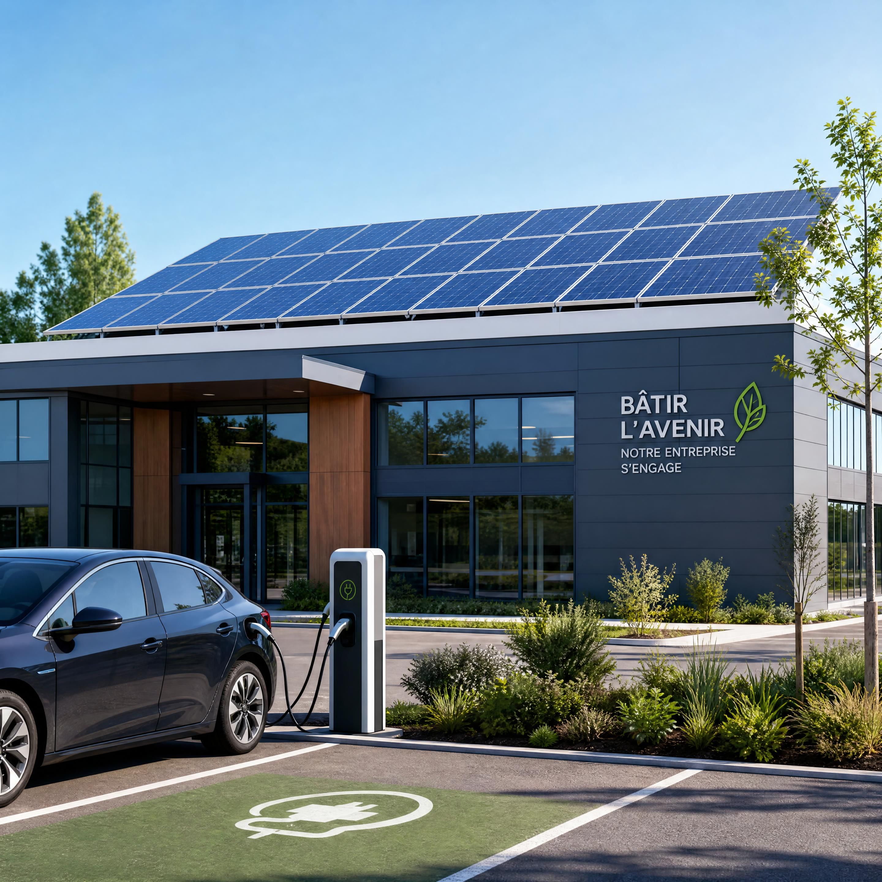 Toiture professionnelle équipée de panneaux photovoltaïques avec borne de recharge et bâtiment d’entreprise