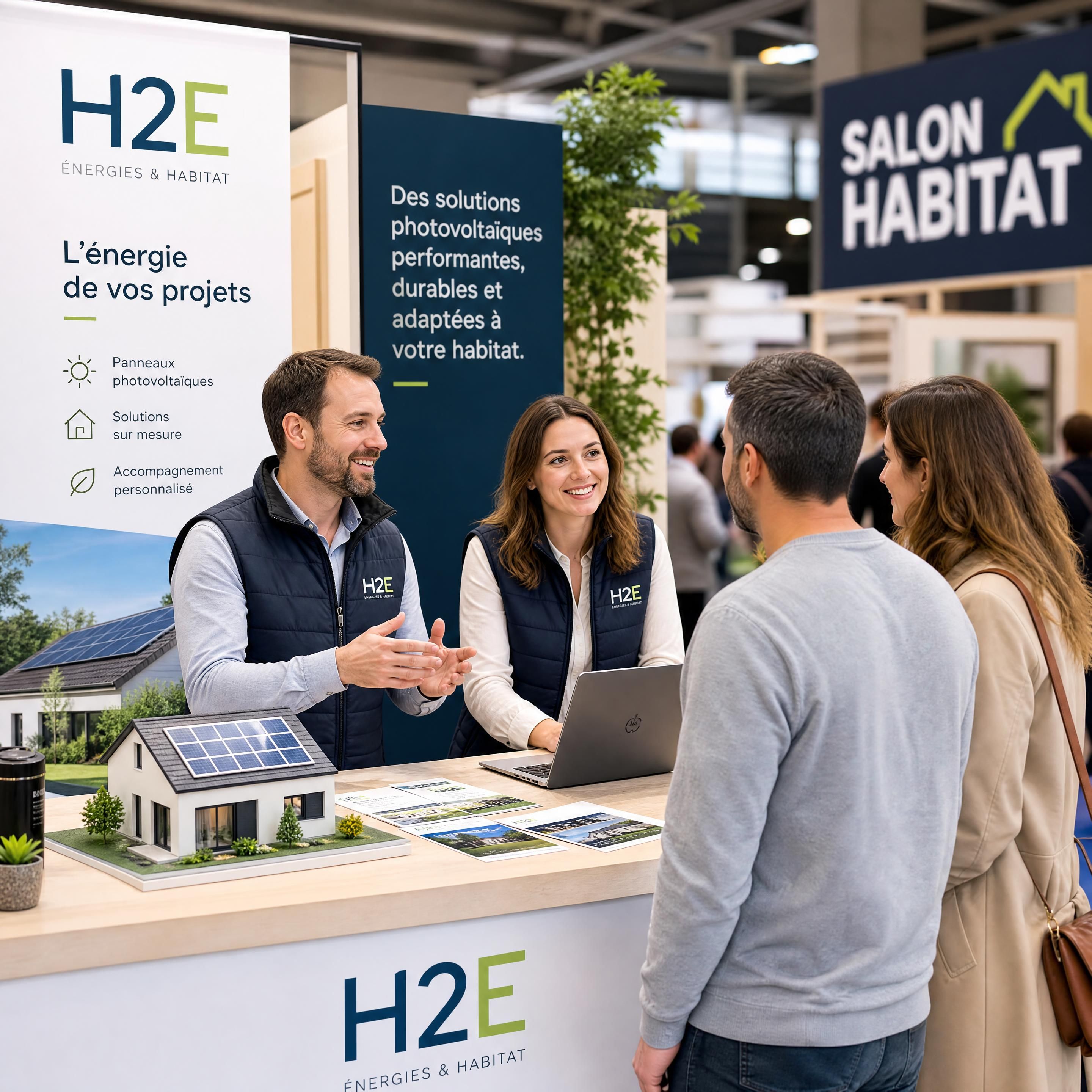 Équipe H2E échangeant avec des visiteurs lors d’un salon habitat sur un projet de panneaux photovoltaïques