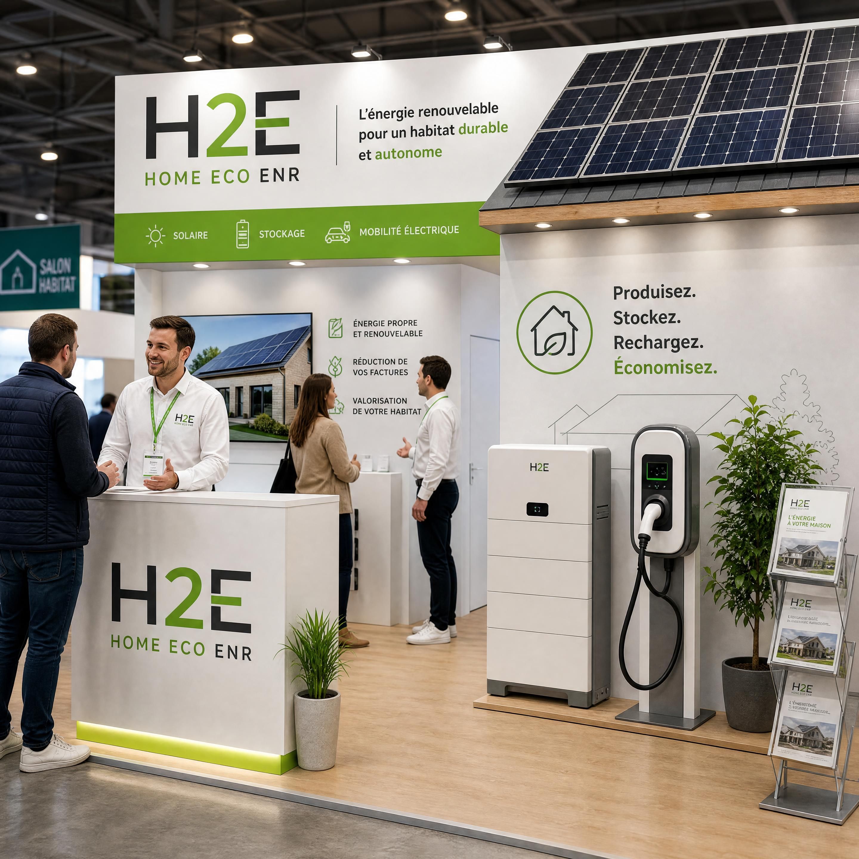 Stand H2E Home Eco ENR lors d’une foire habitat avec panneaux solaires, batterie et borne de recharge