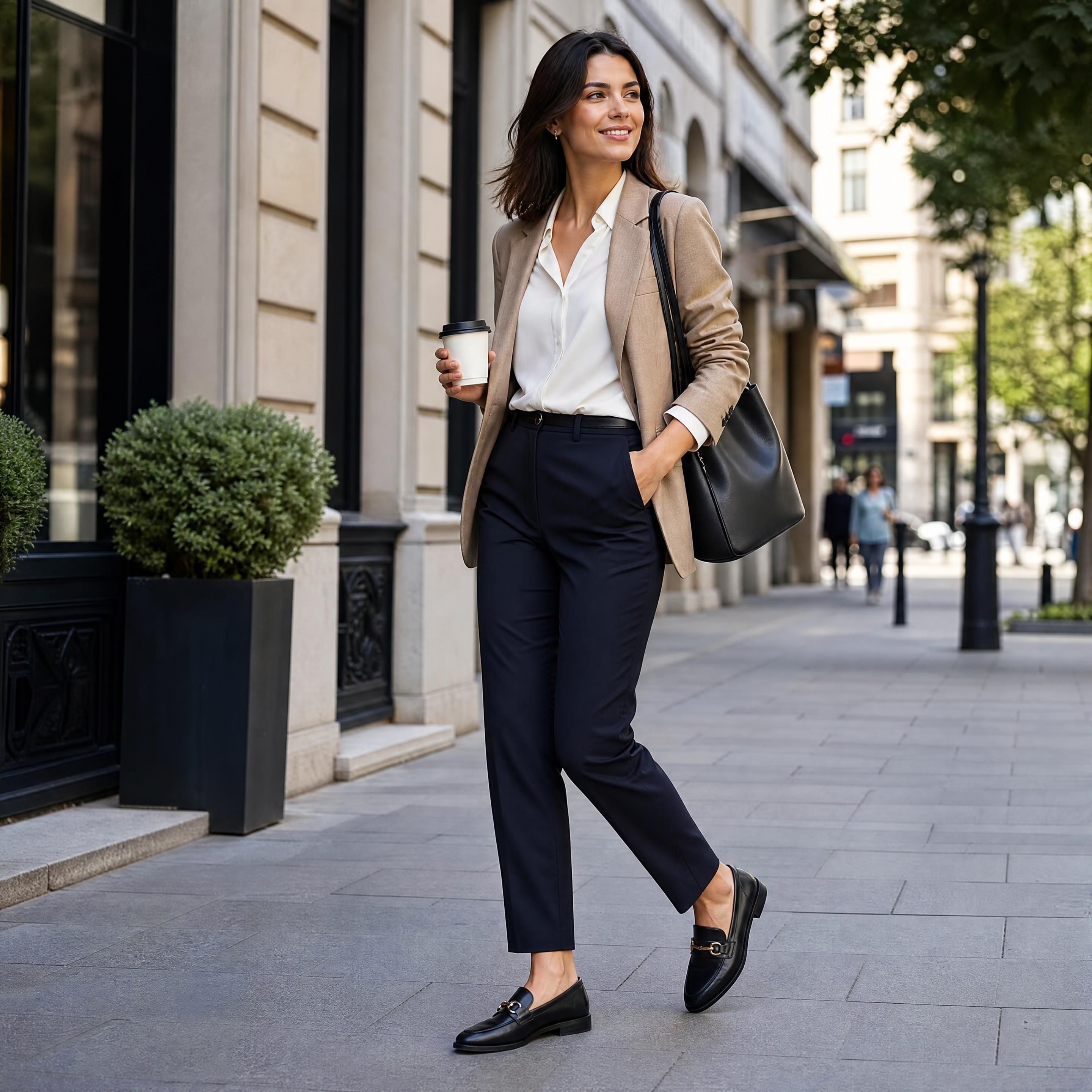Femme urbaine active portant des mocassins en cuir avec un pantalon de tailleur dans une rue de centre-ville