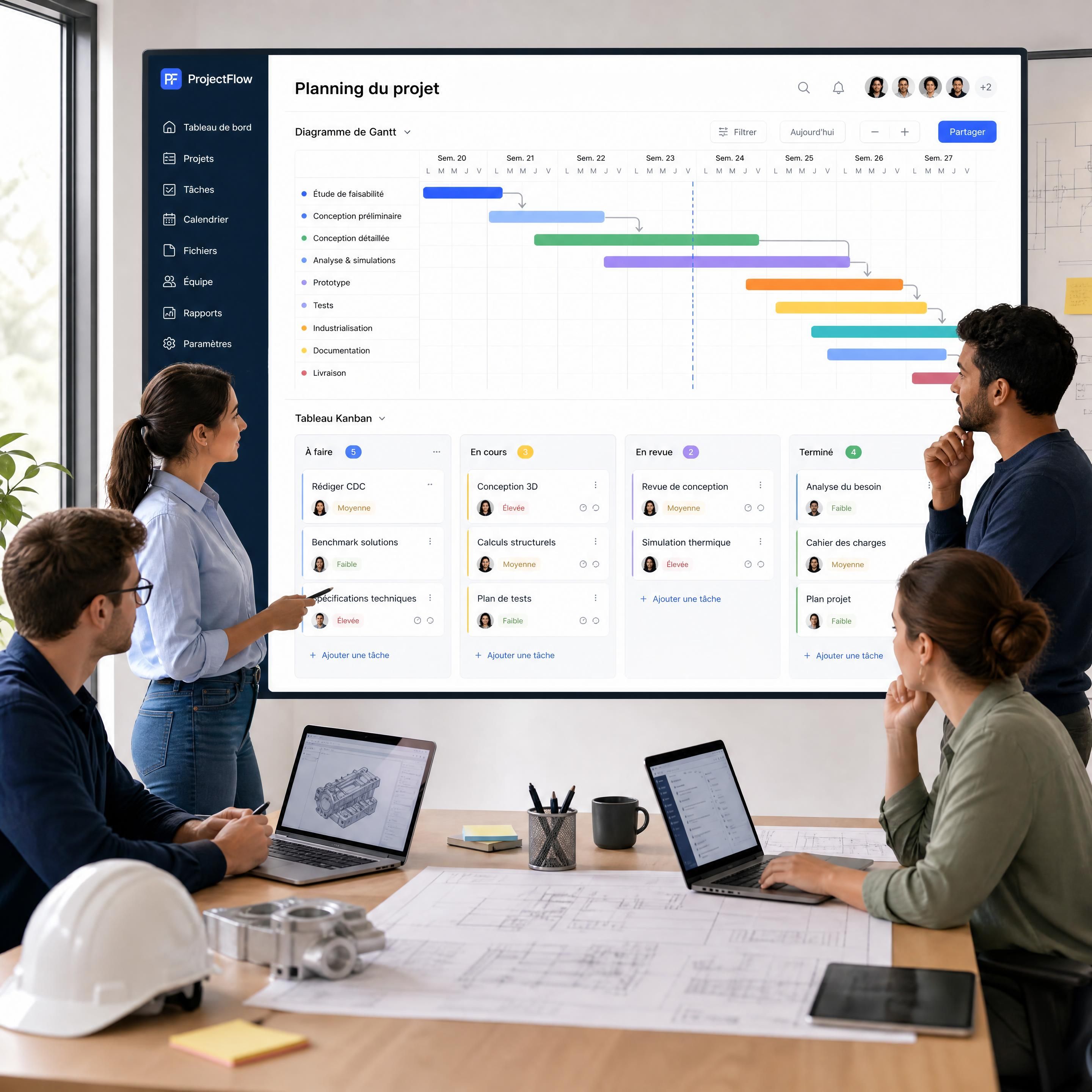 équipe projet d’ingénierie utilisant un outil de planification collaboratif avec diagramme de Gantt et tableau Kanban