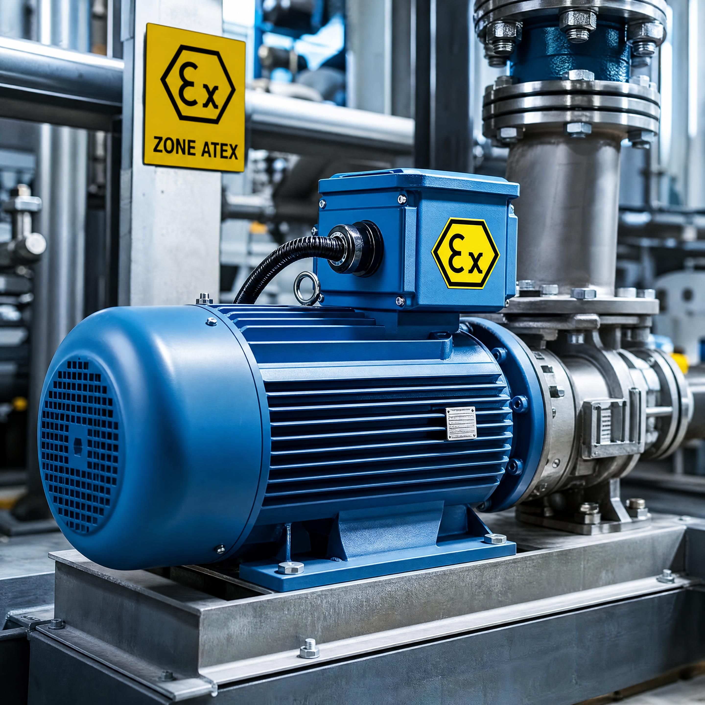 Vue d'ensemble d'un moteur électrique industriel certifié ATEX installé dans un environnement de production sécurisé