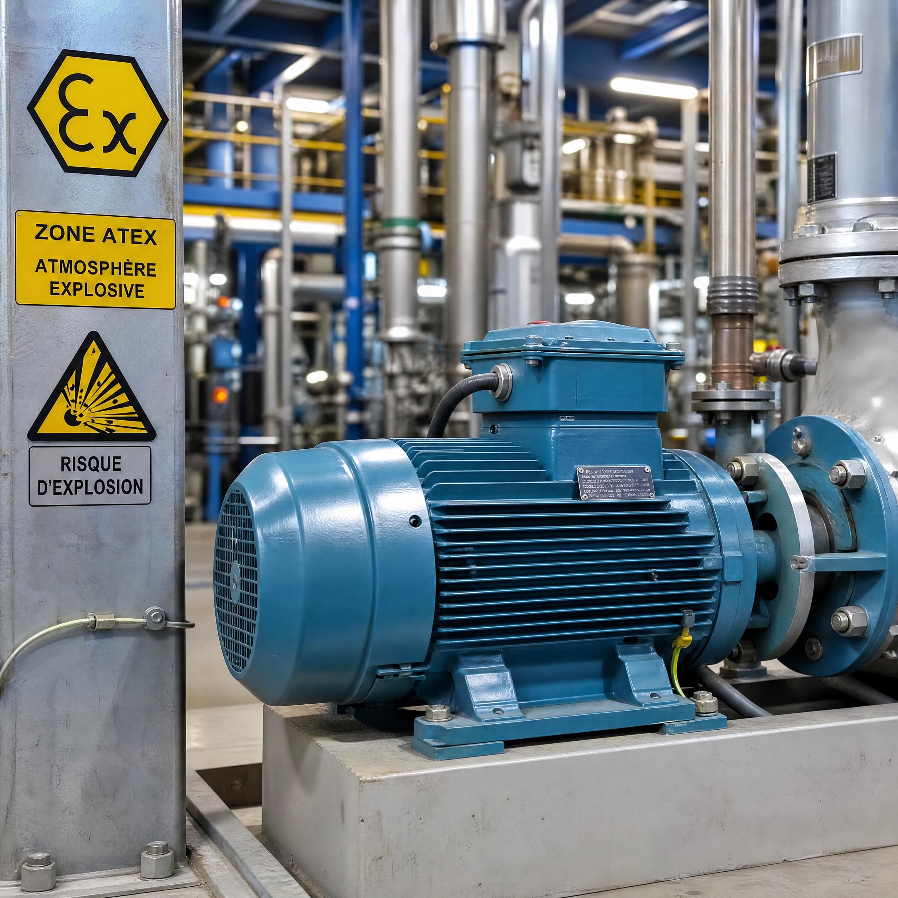 Zoom détaillé sur la plaque signalétique métallique d'un moteur électrique affichant les marquages normatifs ATEX
