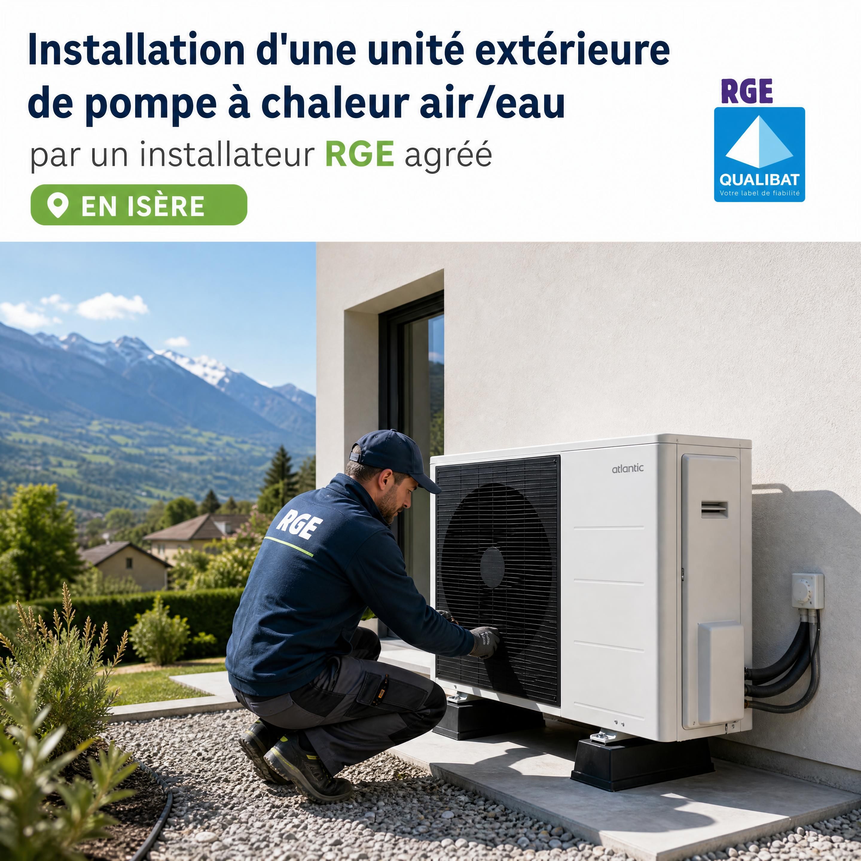 Installation d'une unité extérieure de pompe à chaleur air/eau par un installateur RGE agréé dans une maison de l'Isère