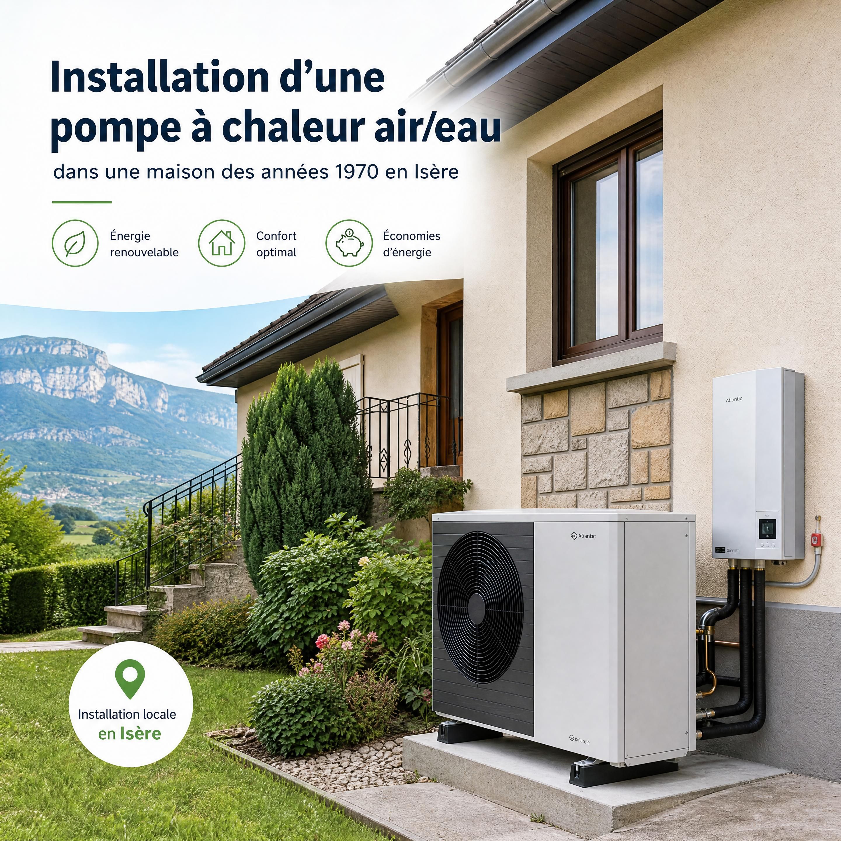 Installation d'une pompe à chaleur air/eau moderne dans une maison des années 1970 en Isère
