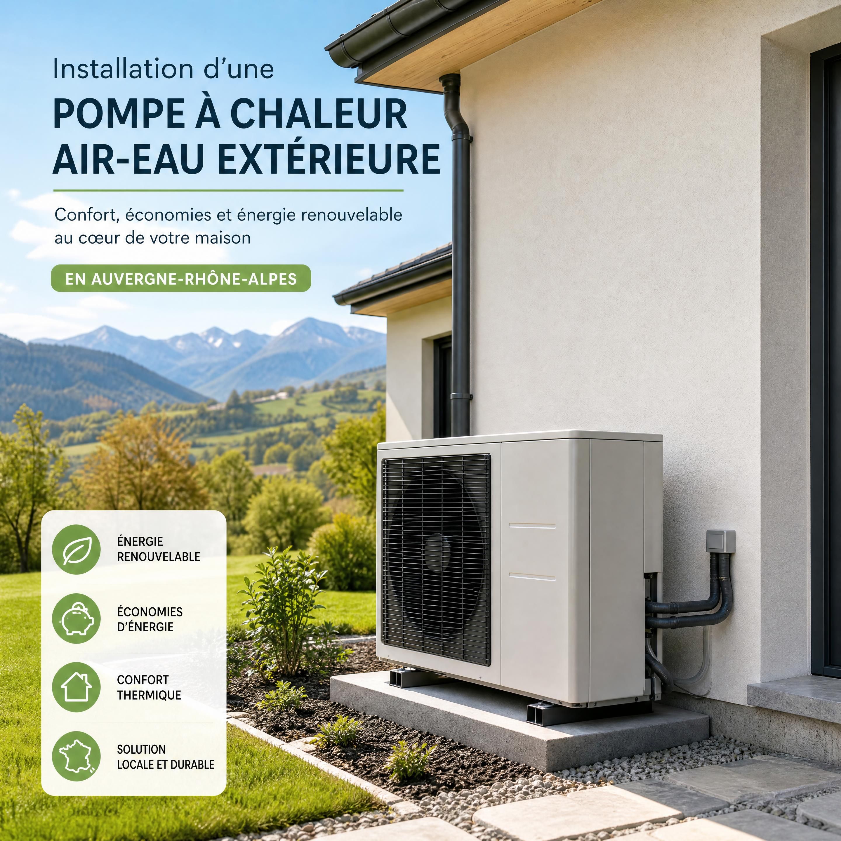 Installation d'une pompe à chaleur air-eau extérieure dans une maison individuelle en Auvergne-Rhône-Alpes