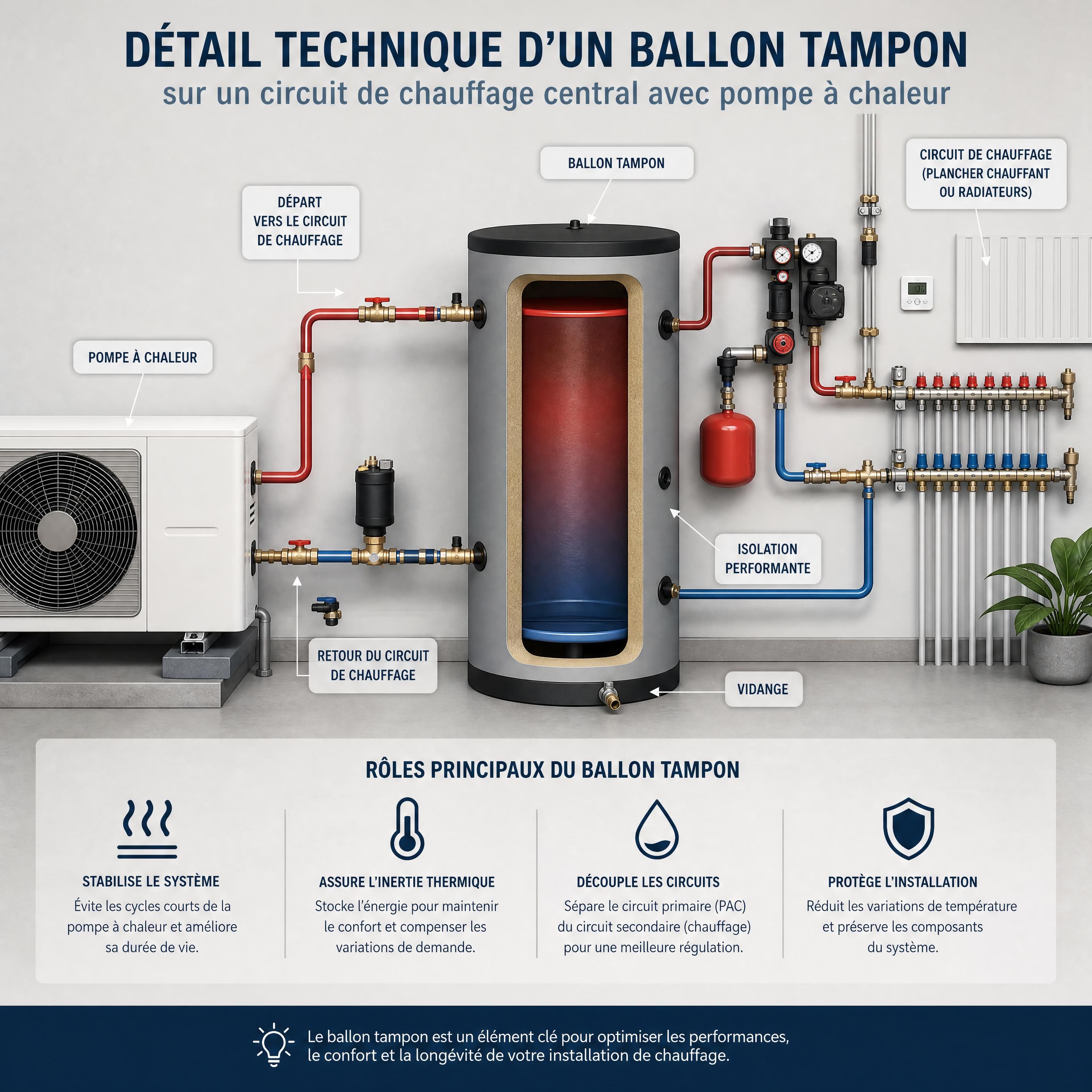 Détail technique d'un ballon tampon installé sur un circuit de chauffage central de pompe à chaleur