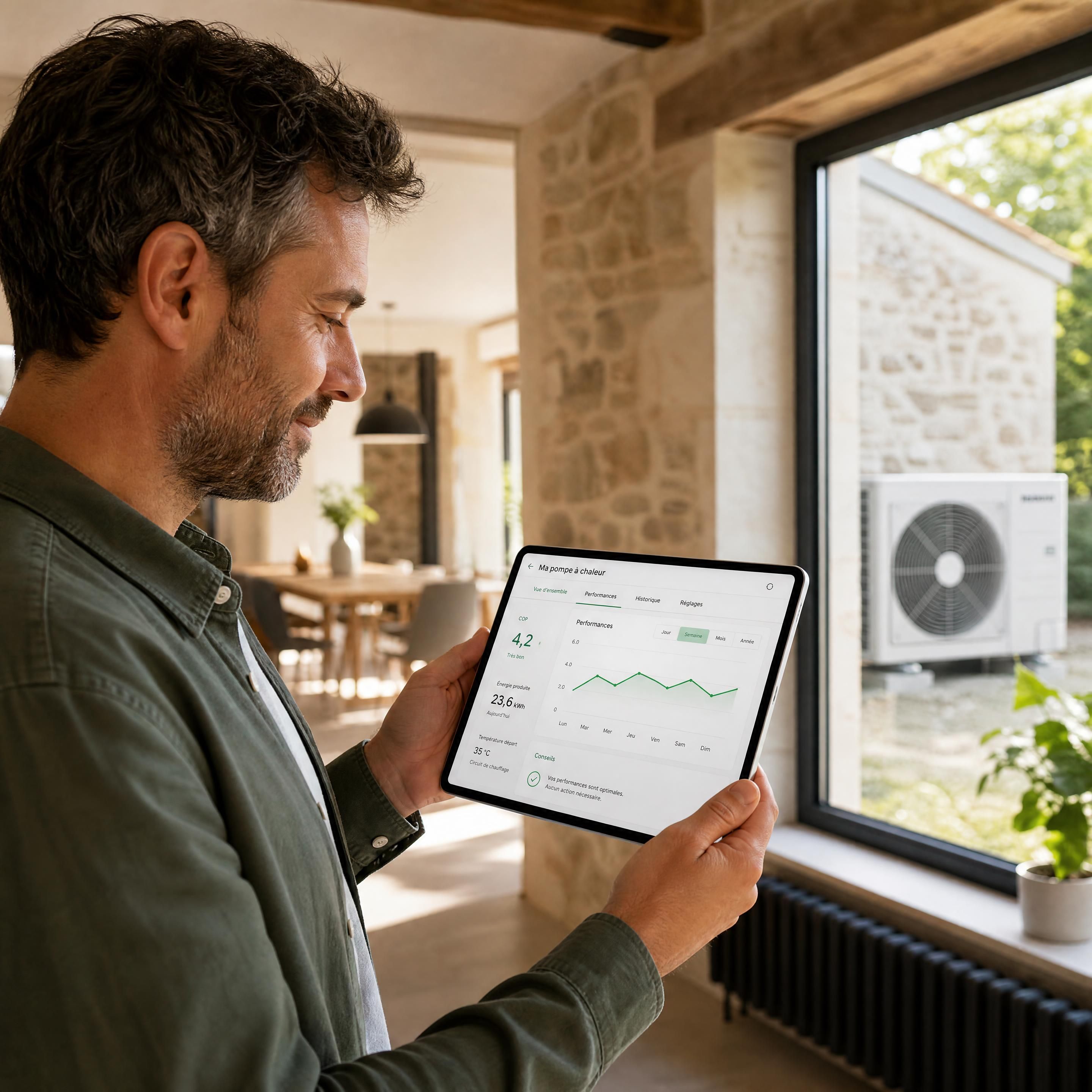 Un propriétaire analysant les performances de sa pompe à chaleur air/eau sur une tablette dans sa maison ancienne rénovée