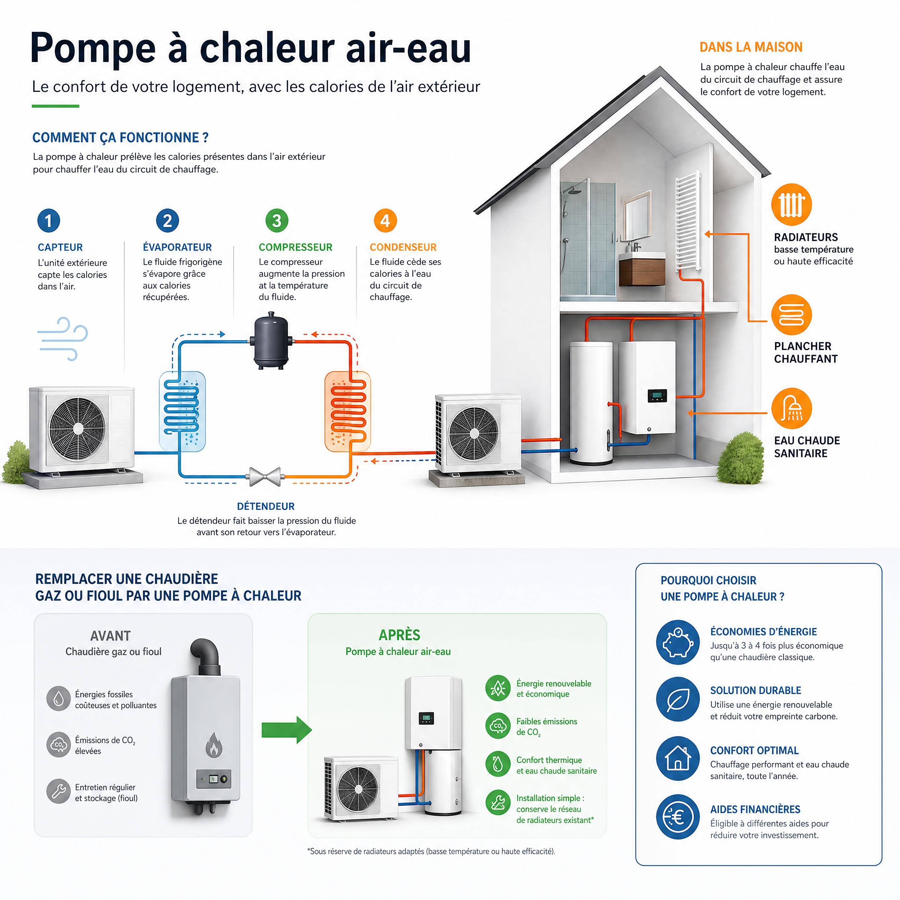 Schéma explicatif du fonctionnement d'une pompe à chaleur air-eau remplaçant une chaudière gaz ou fioul