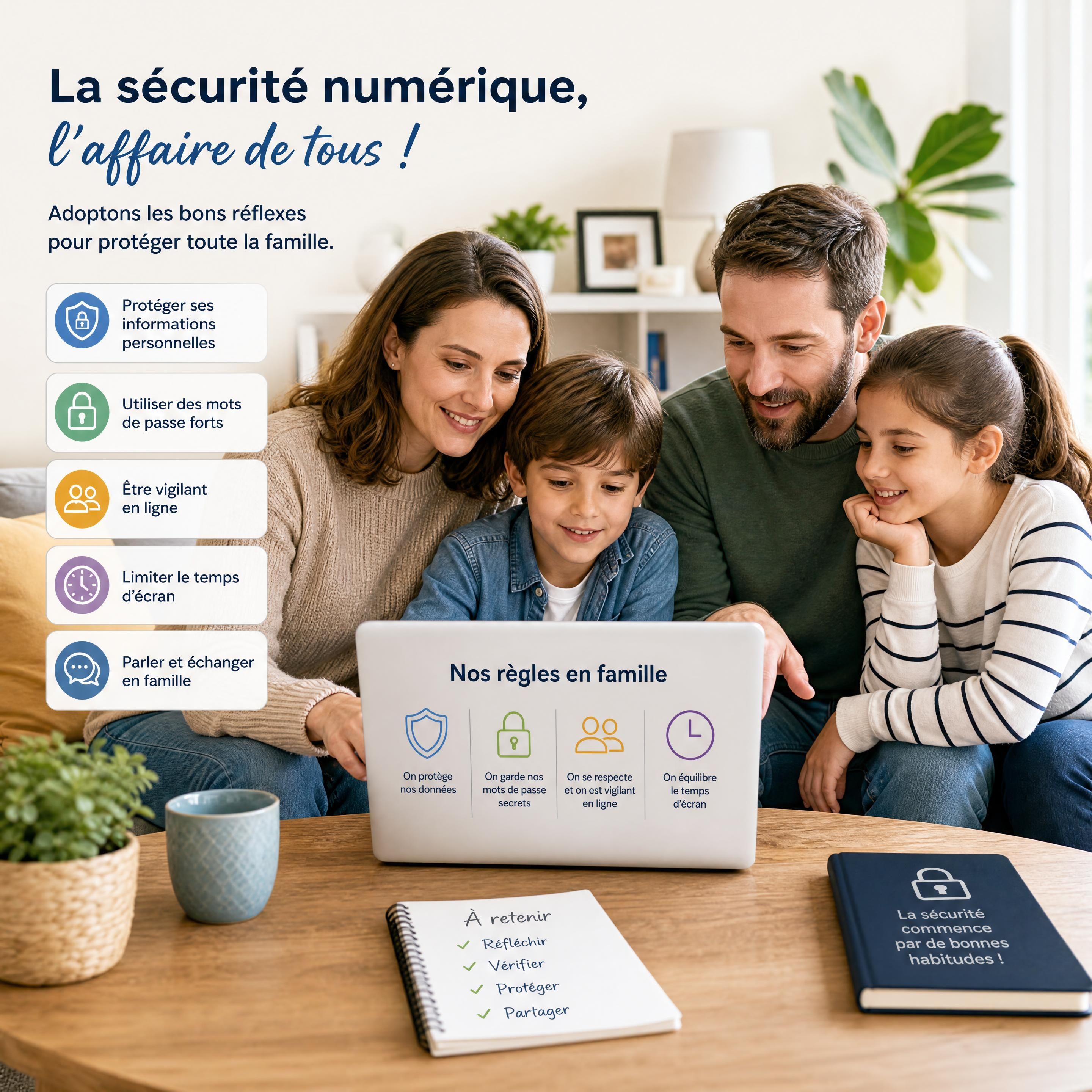 Une famille attentive et sereine réunie dans son salon autour d'un ordinateur portable pour discuter de sécurité numérique