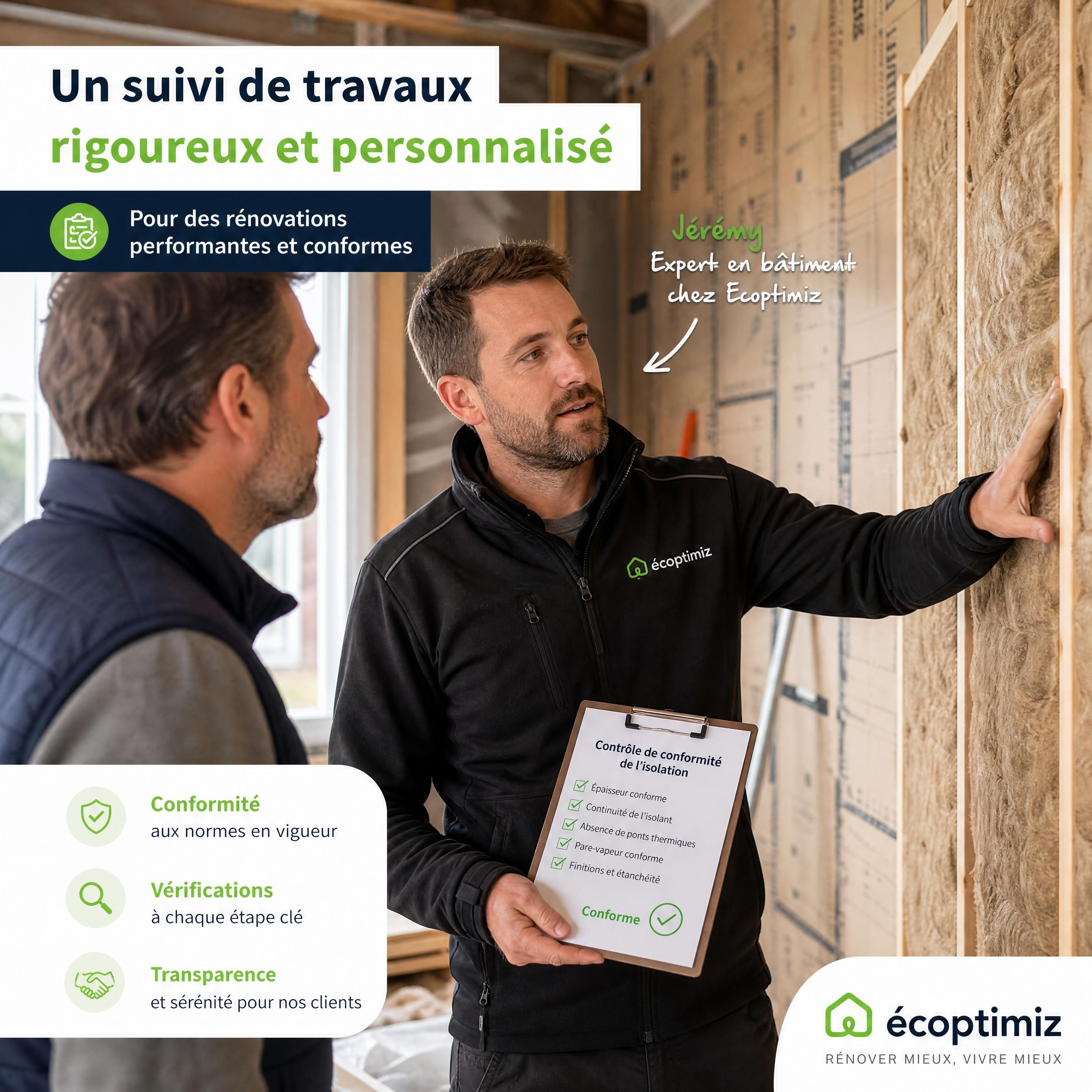 Jérémy, expert en bâtiment chez Ecoptimiz, effectuant un suivi des travaux minutieux et vérifiant la conformité de l'isolation sur un chantier de rénovat
![Jérémy, expert en bâtiment chez Ecoptimiz, effectuant un suivi des travaux minutieux et vérifiant la conformité de l'isolation sur un chantier de rénovation avec un client