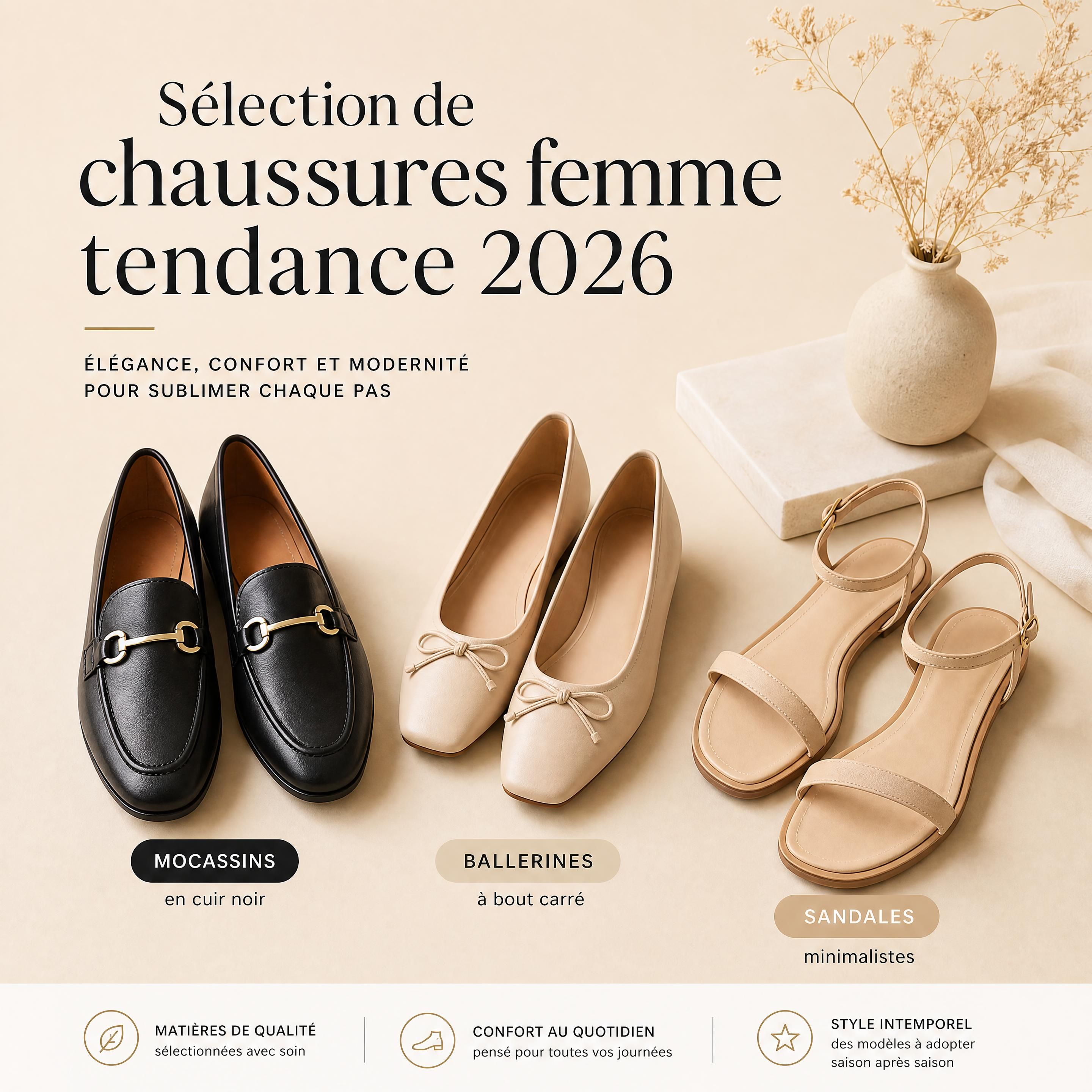 Sélection de chaussures femme tendance 2026 — mocassins en cuir noir, ballerines beige à bout carré et sandales minimalistes posées sur un fond beige épuré