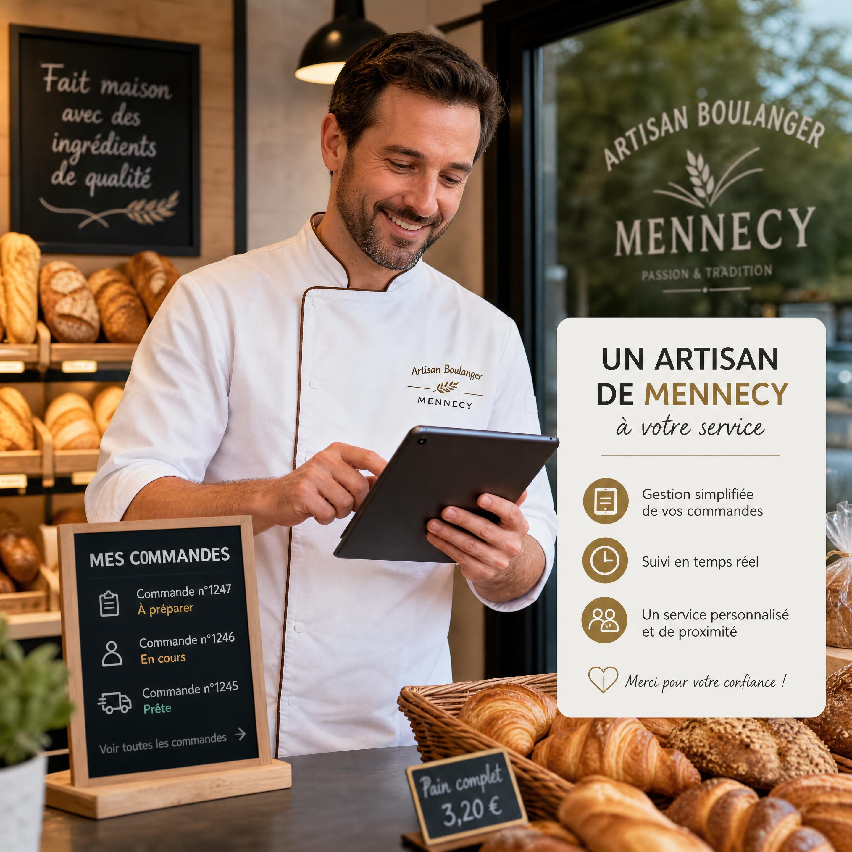Un artisan boulanger de Mennecy souriant gérant ses commandes clients sur une tablette tactile