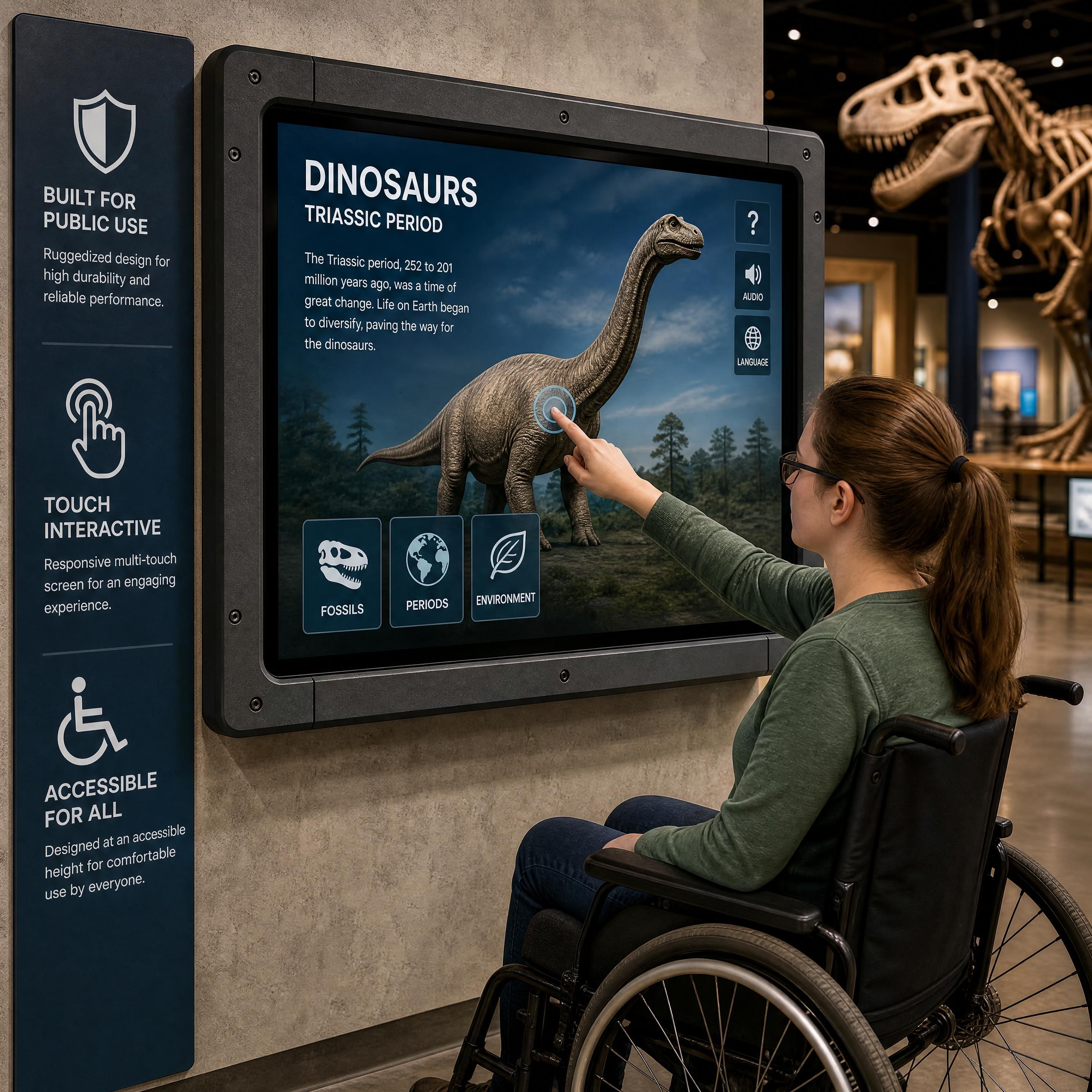 A close-up of a ruggedized, highly durable interactive screen designed for heavy public use in a museum, showing accessible height placement