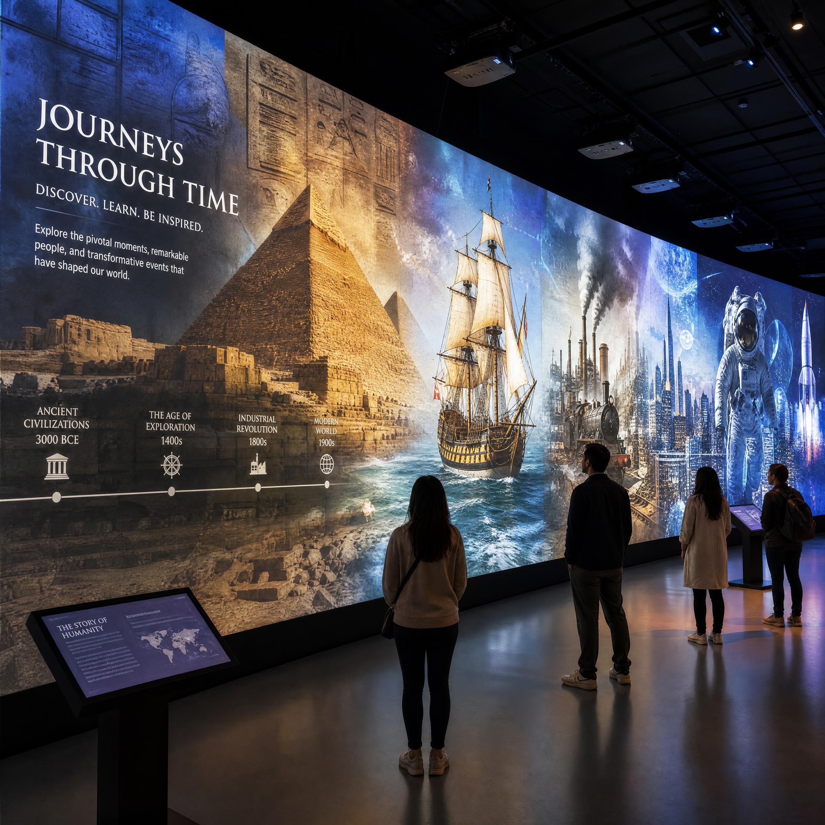 A towering immersive wall displaying vibrant historical scenes through high-fidelity projection mapping museum technology