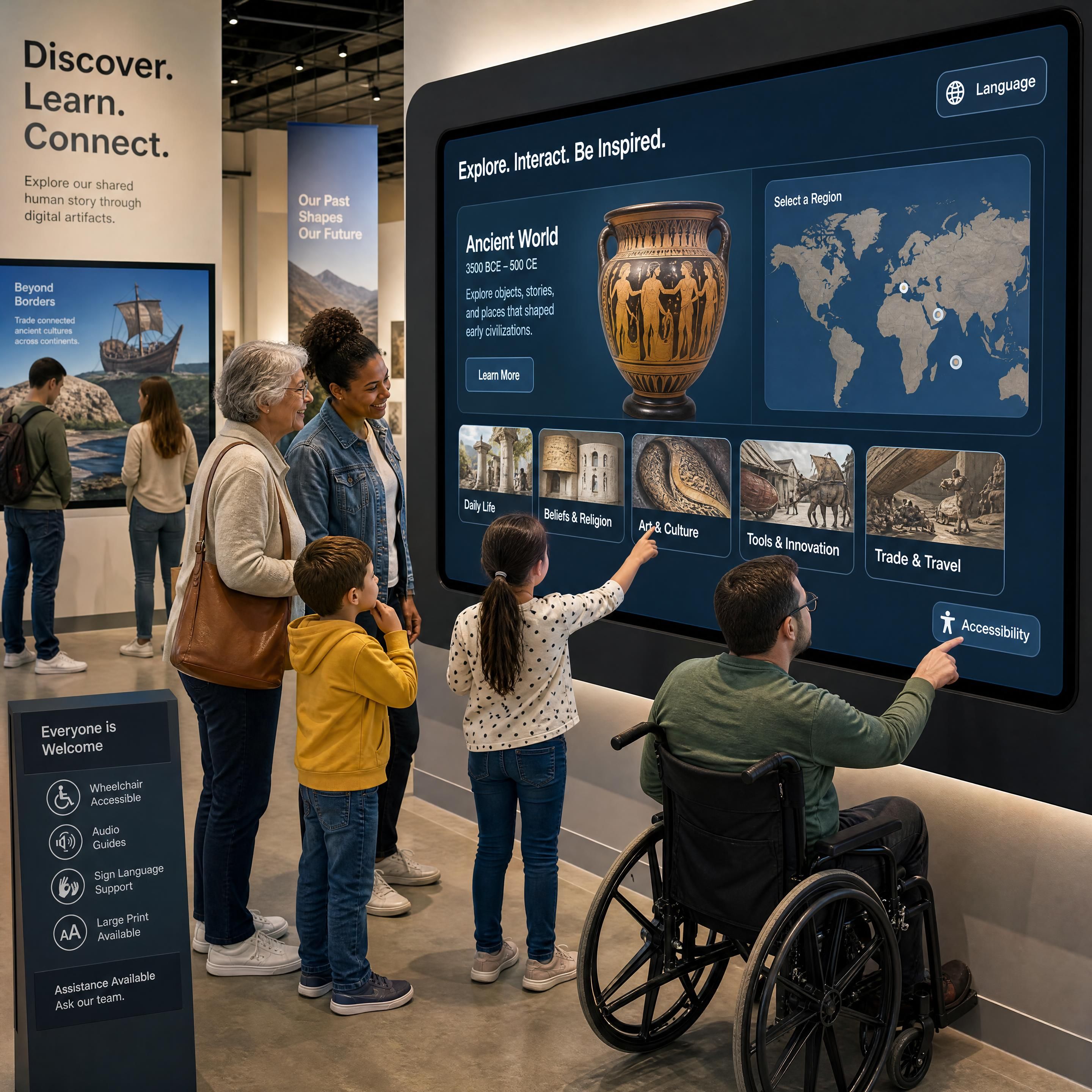 A busy museum exhibition featuring a large interactive screen where visitors of all ages and abilities are actively engaged in exploring digital artifacts