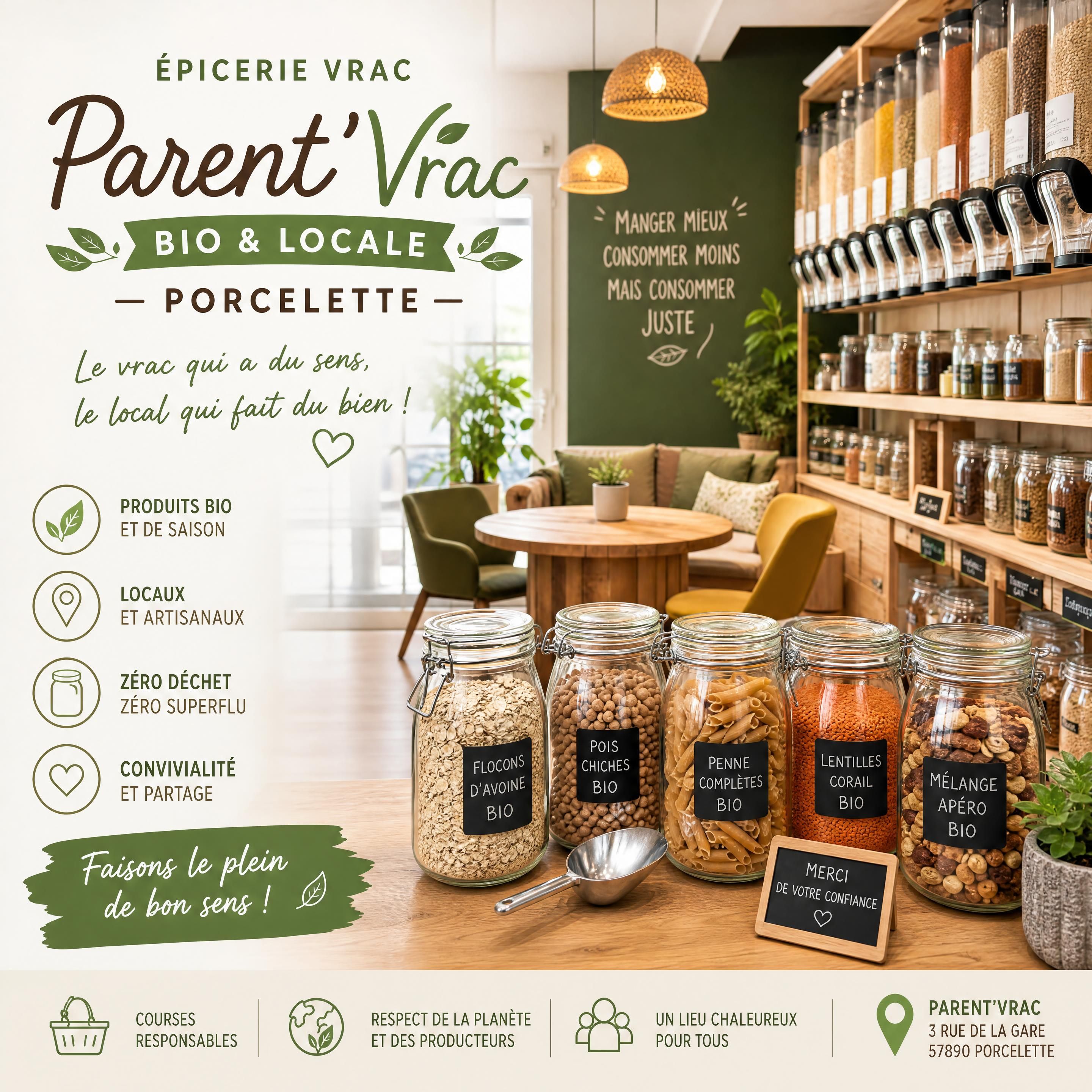 Épicerie vrac bio locale Parent’Vrac à Porcelette avec bocaux de produits bio et espace convivial