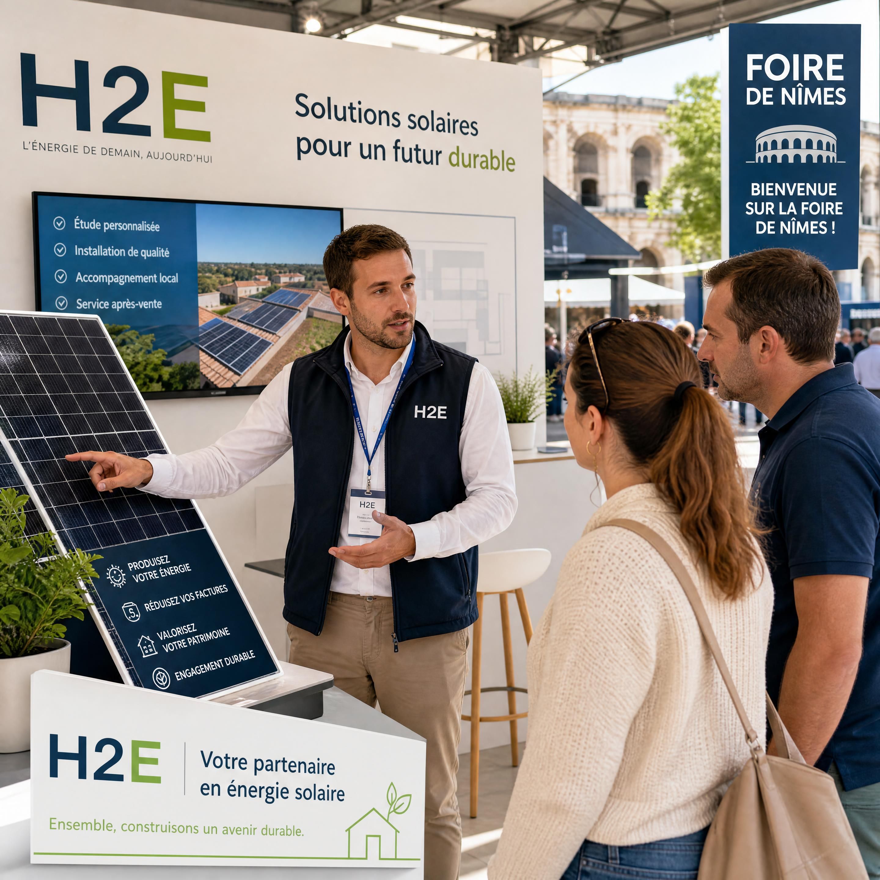 Conseiller technique H2E présentant des panneaux solaires à des visiteurs sur le stand H2E de la foire de Nîmes