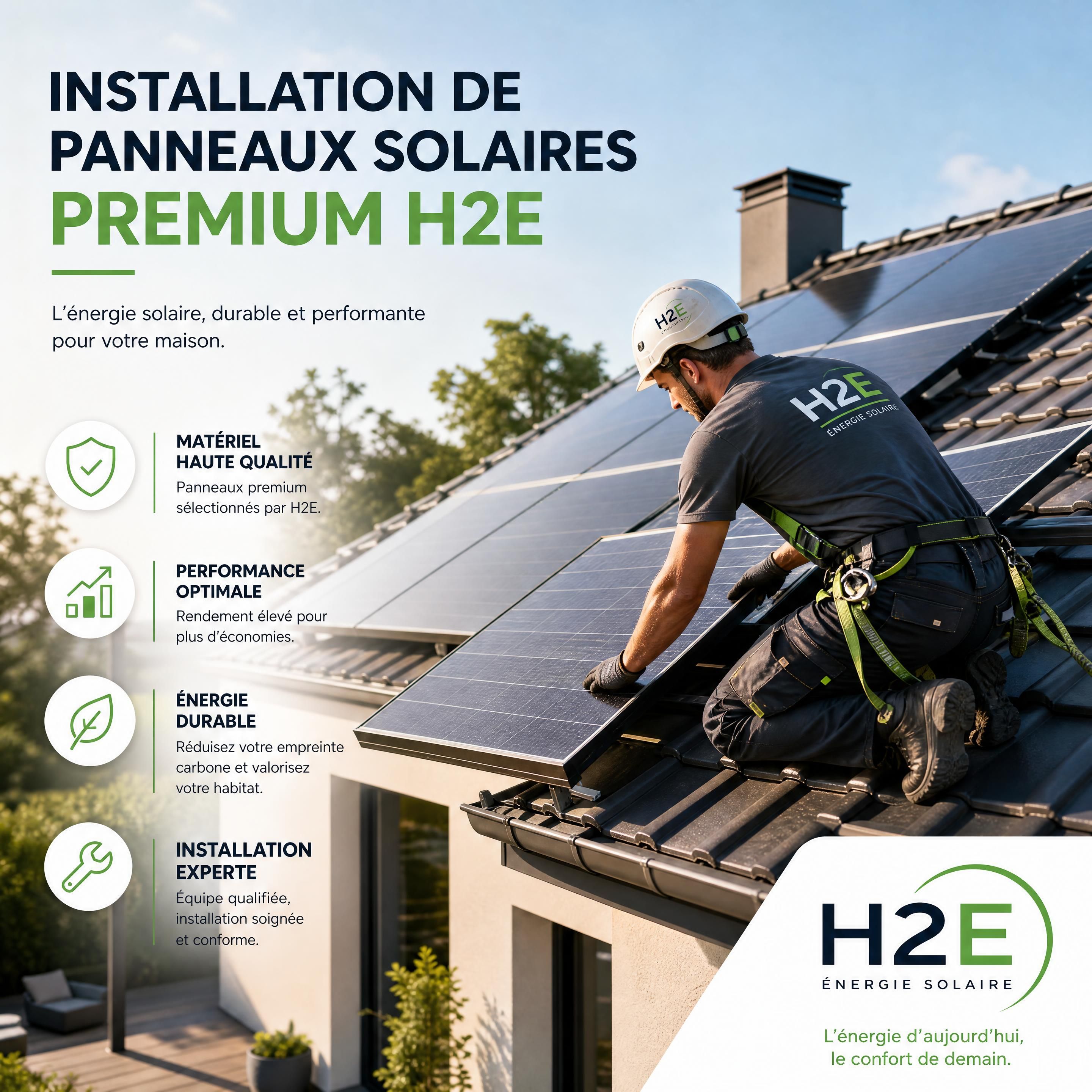Installation de panneaux solaires premium H2E sur une toiture résidentielle