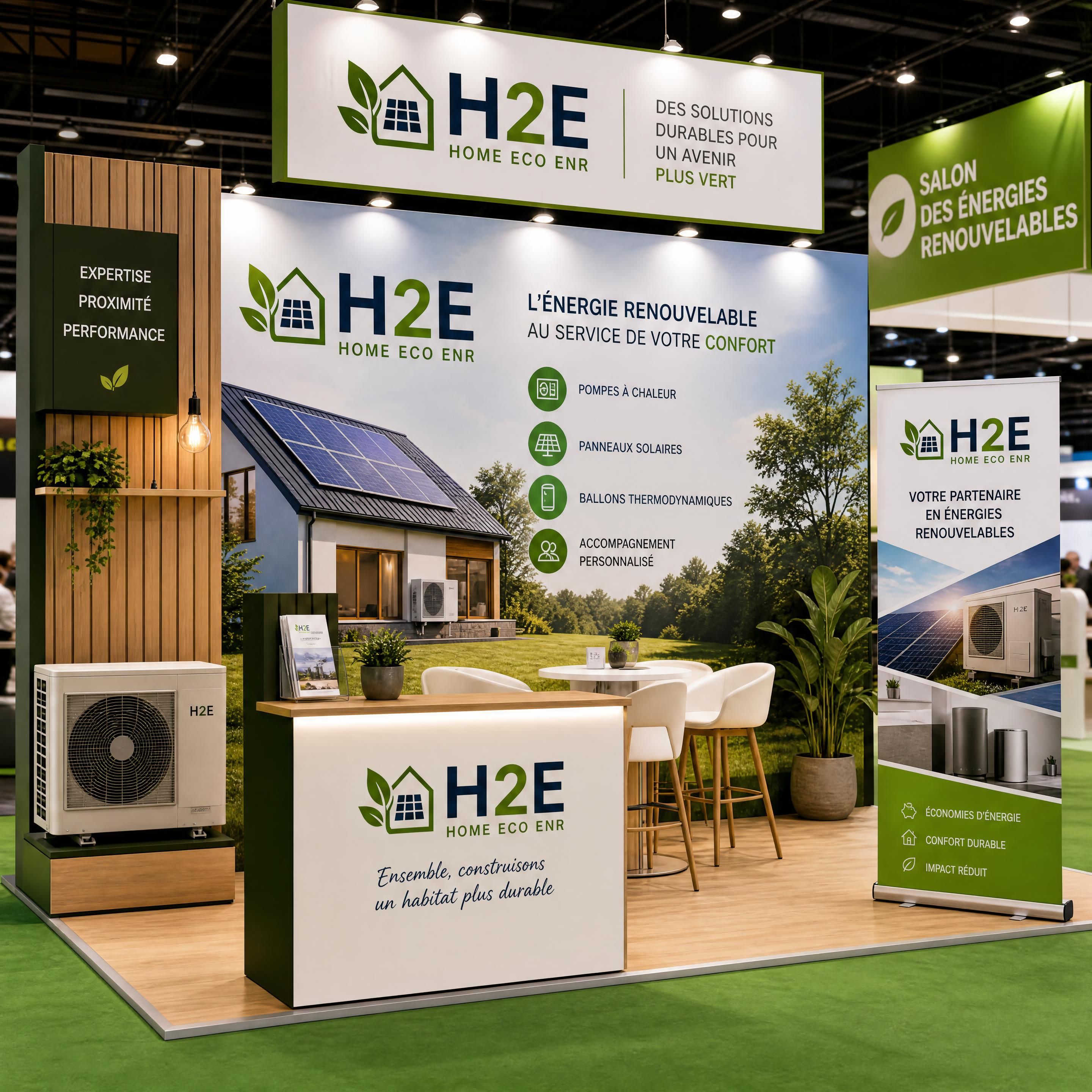 Stand d'exposition de H2E Home Eco ENR lors d'un salon de l'énergie renouvelable