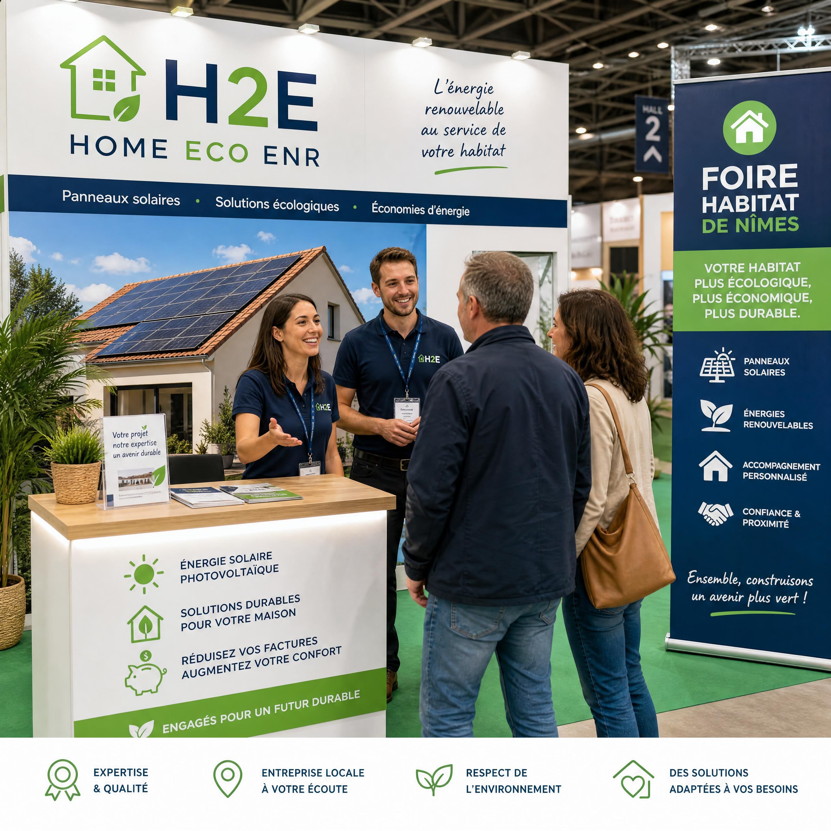 Stand H2E Home Eco ENR avec panneaux solaires et équipe accueillant les visiteurs à la Foire Habitat de Nîmes