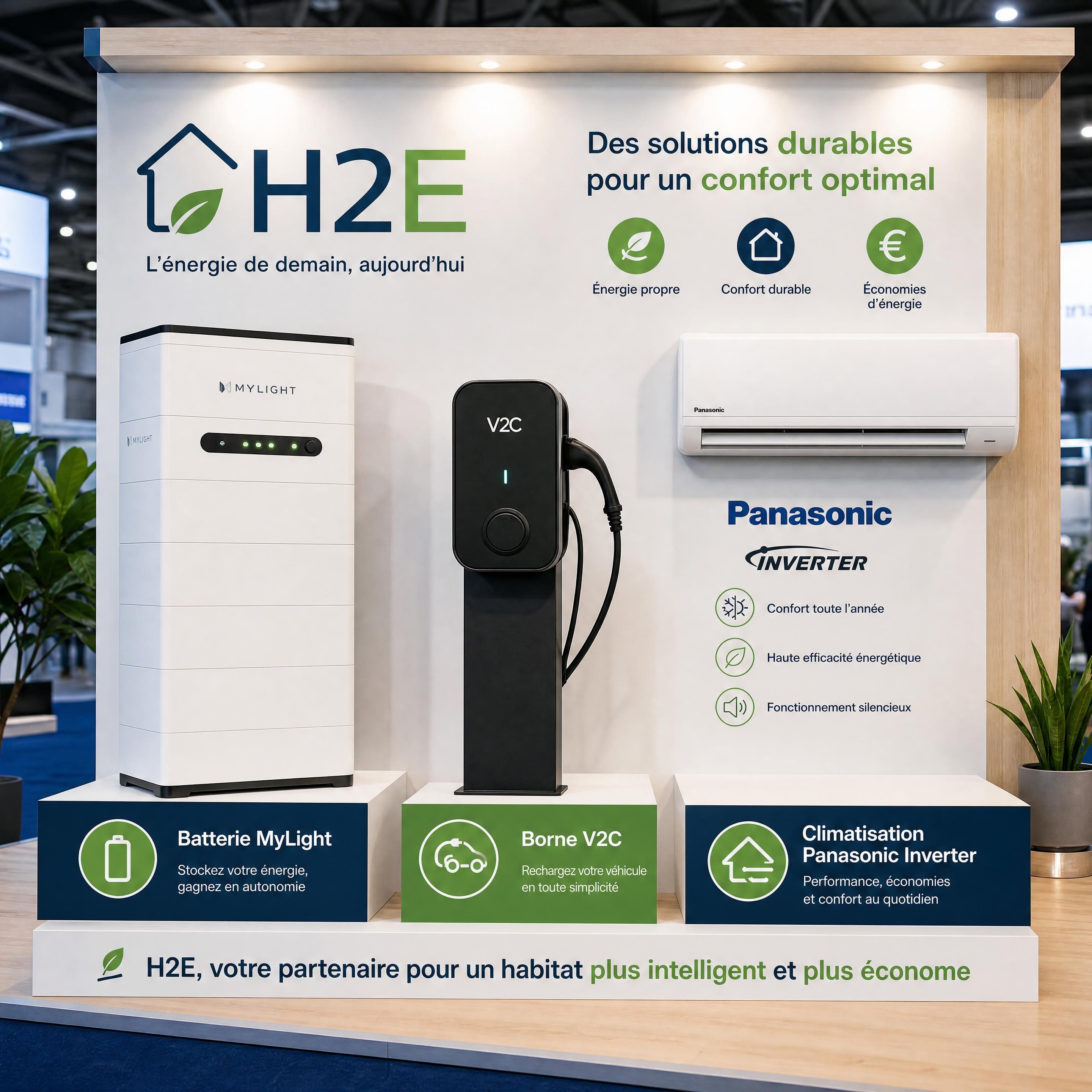 Présentation d’une batterie MyLight, d’une borne V2C et d’une climatisation Panasonic Inverter sur le stand H2E