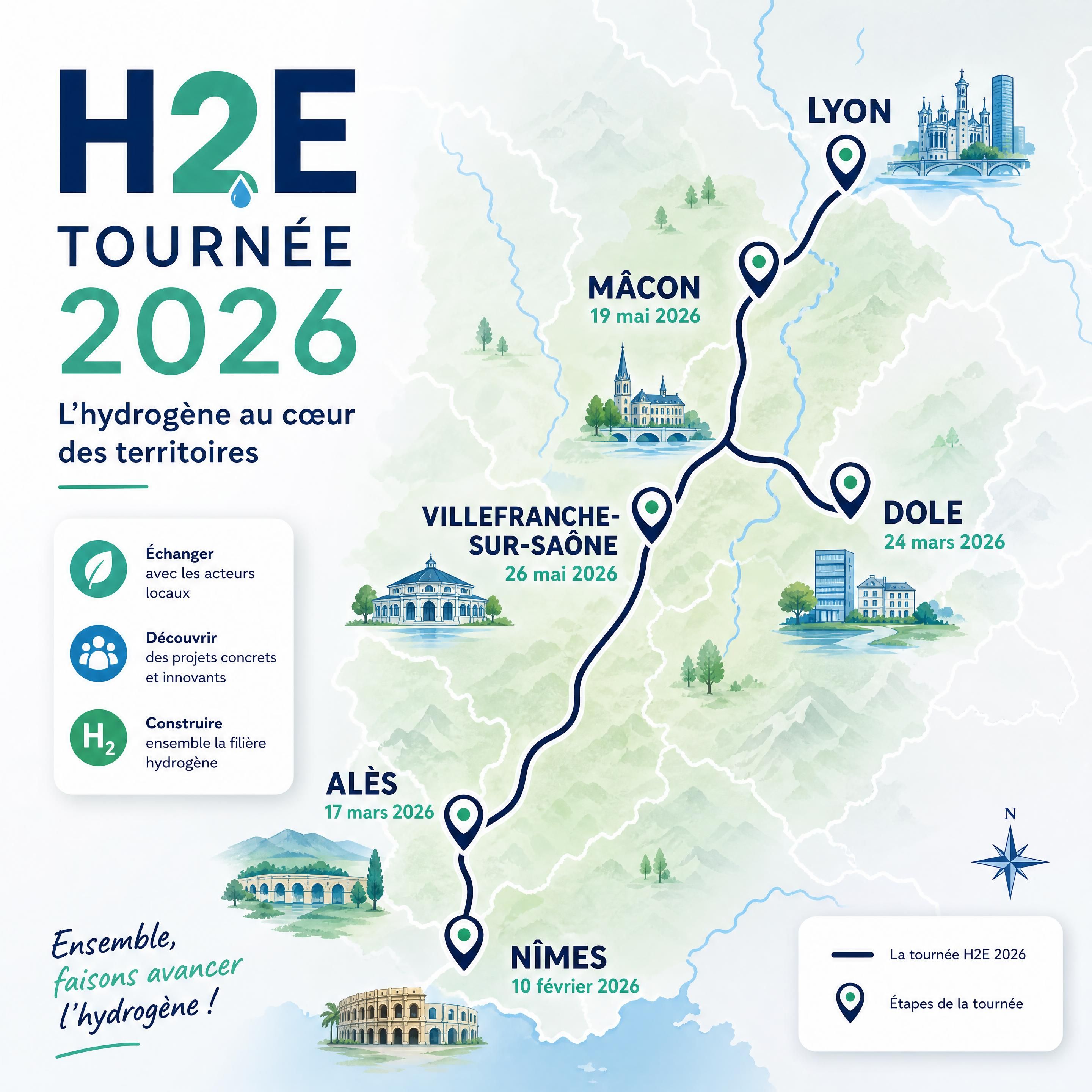 Carte de la tournée H2E 2026 entre Nîmes, Dole, Alès, Villefranche, Mâcon et Lyon