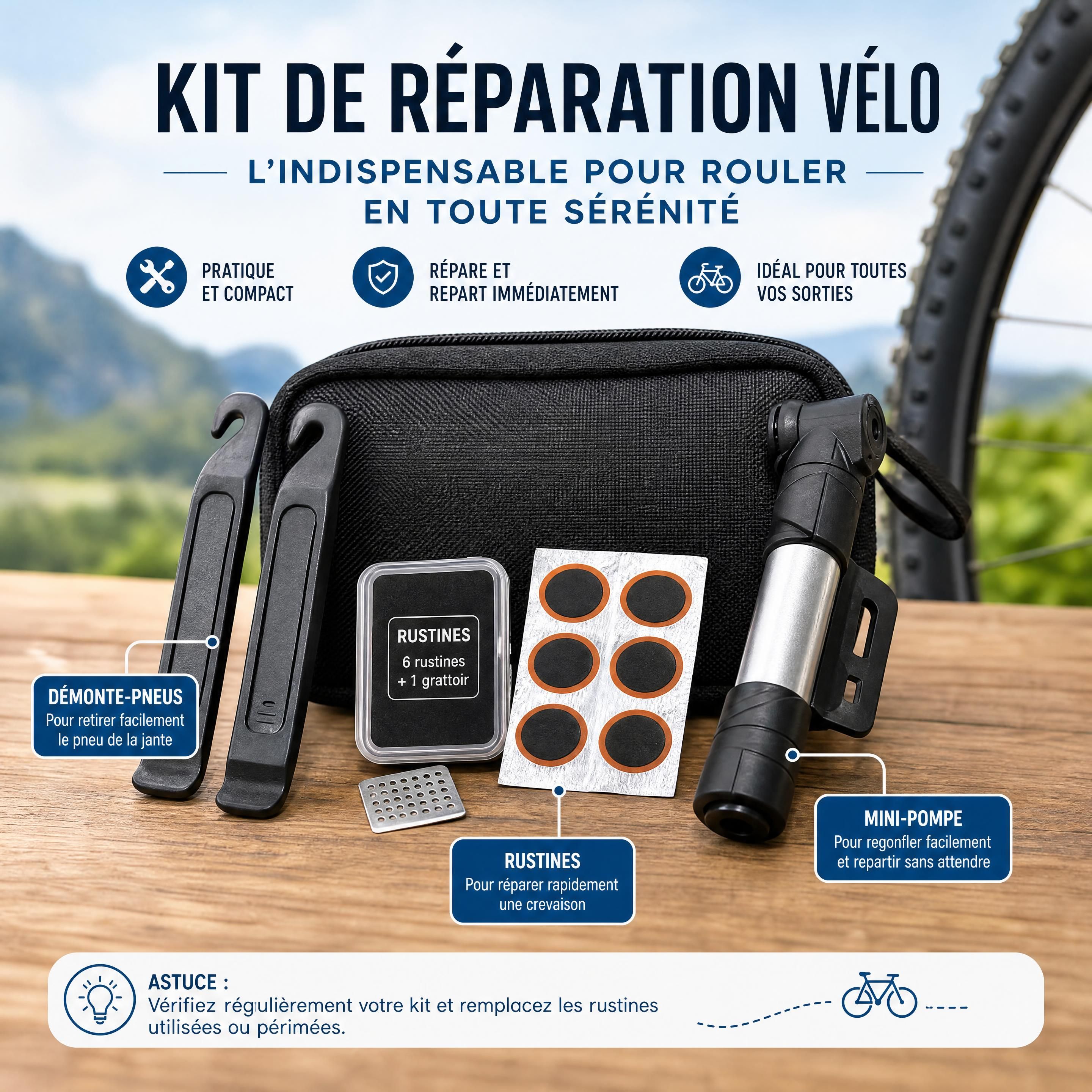 Kit de réparation vélo indispensable contenant des démonte-pneus, des rustines et une mini-pompe