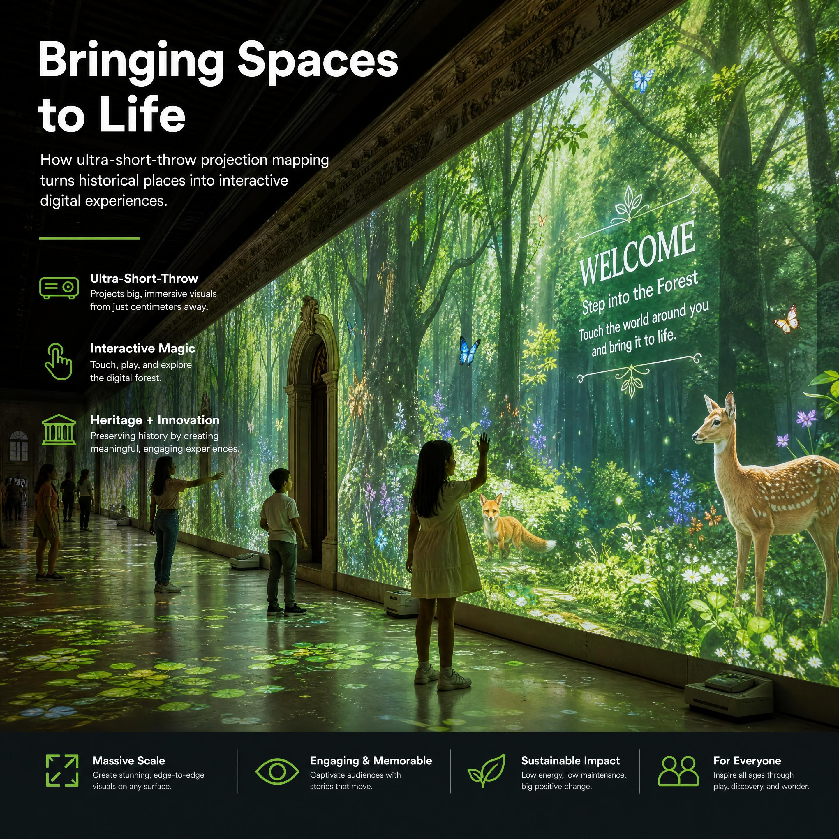 A large-scale immersive wall using ultra-short-throw projection mapping to transform a historical gallery into an interactive digital forest