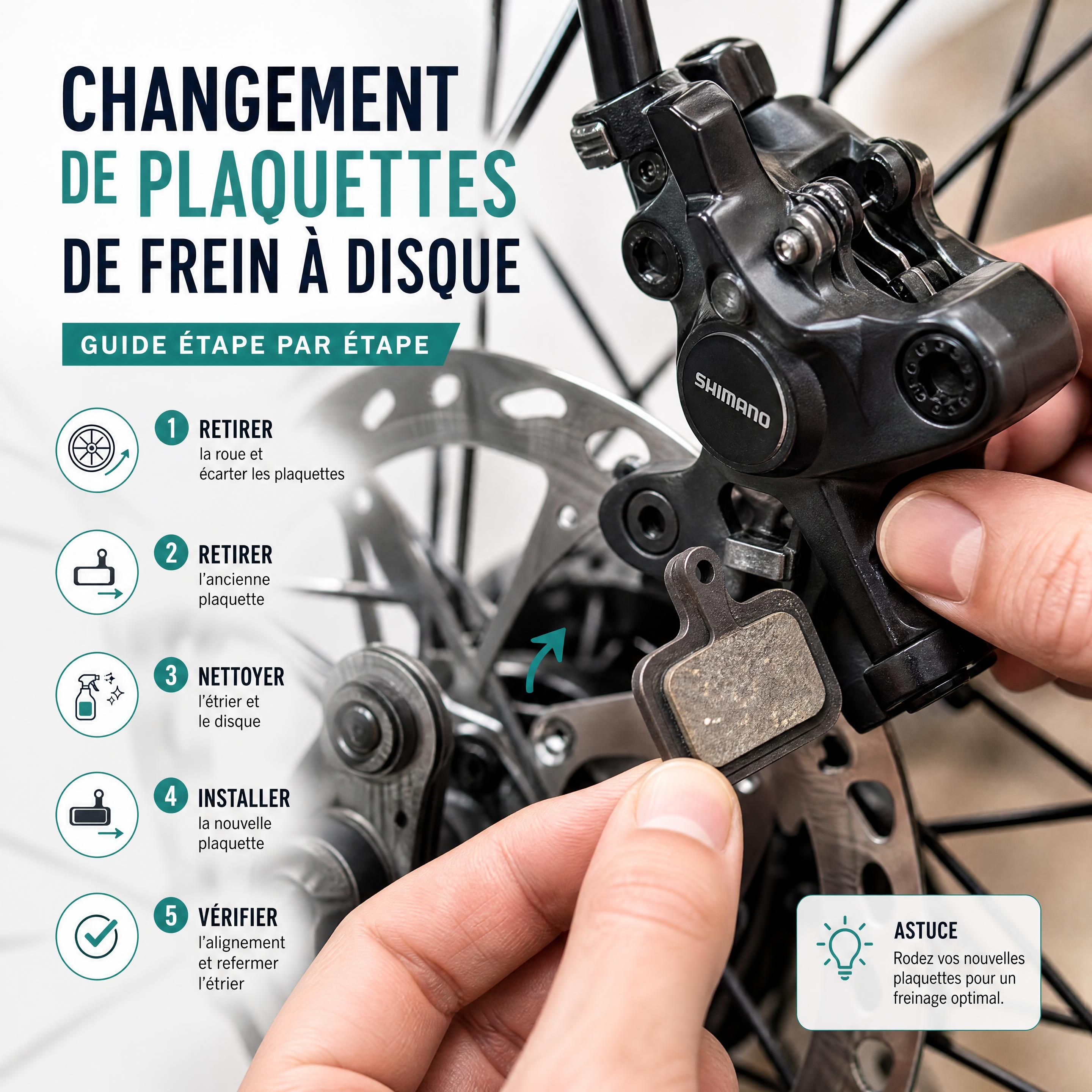 Gros plan sur le changement de plaquettes de frein à disque sur une roue de vélo