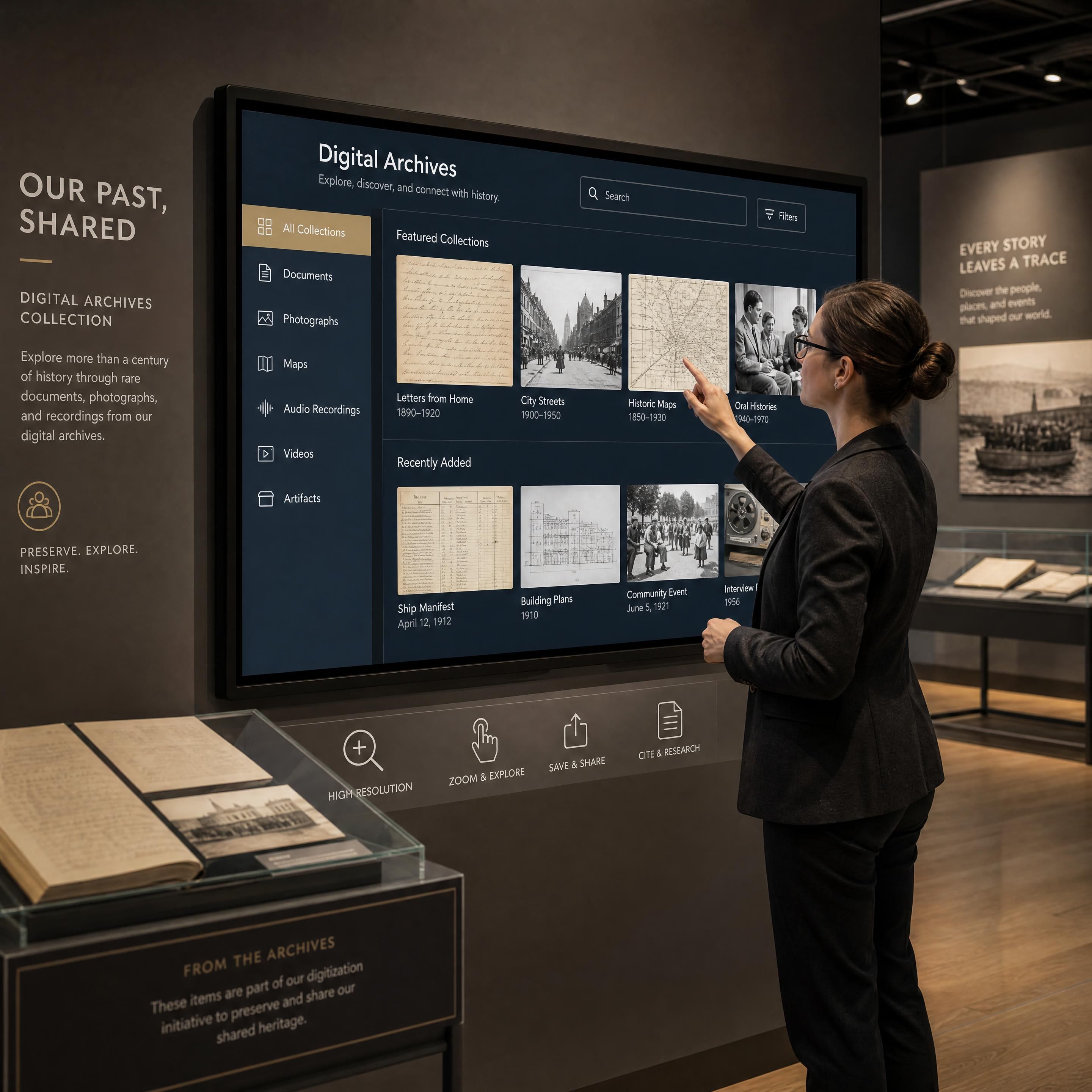 A curator configuring a high-resolution interactive screen displaying historical digital archives in a modern museum exhibition
