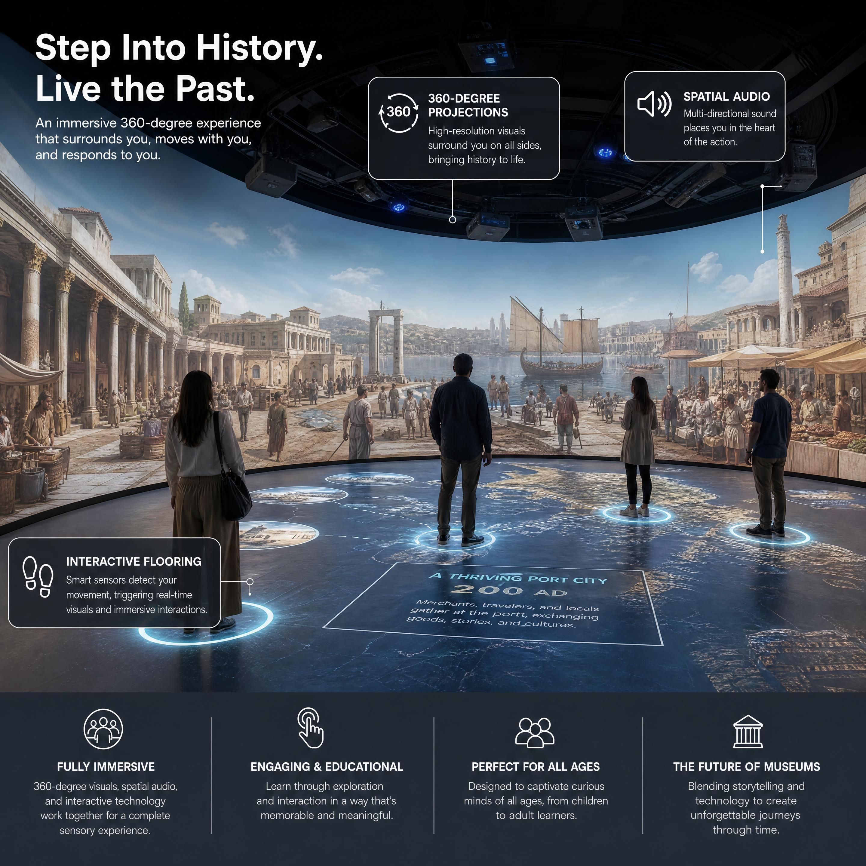 An immersive room in a museum featuring 360-degree projections, spatial audio, and interactive flooring for a fully immersive historical simulation