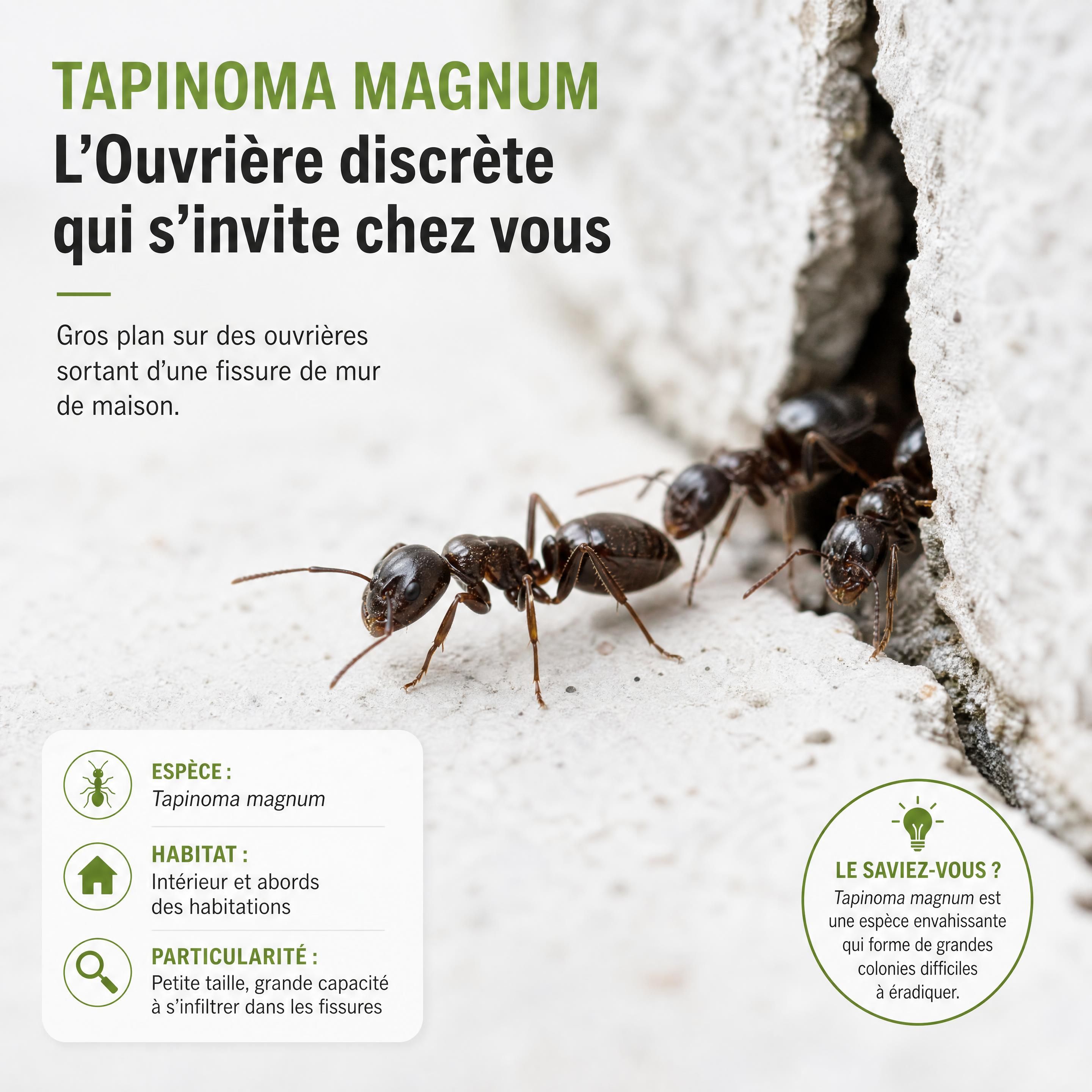 Gros plan sur des ouvrières Tapinoma magnum sortant d'une fissure de mur de maison