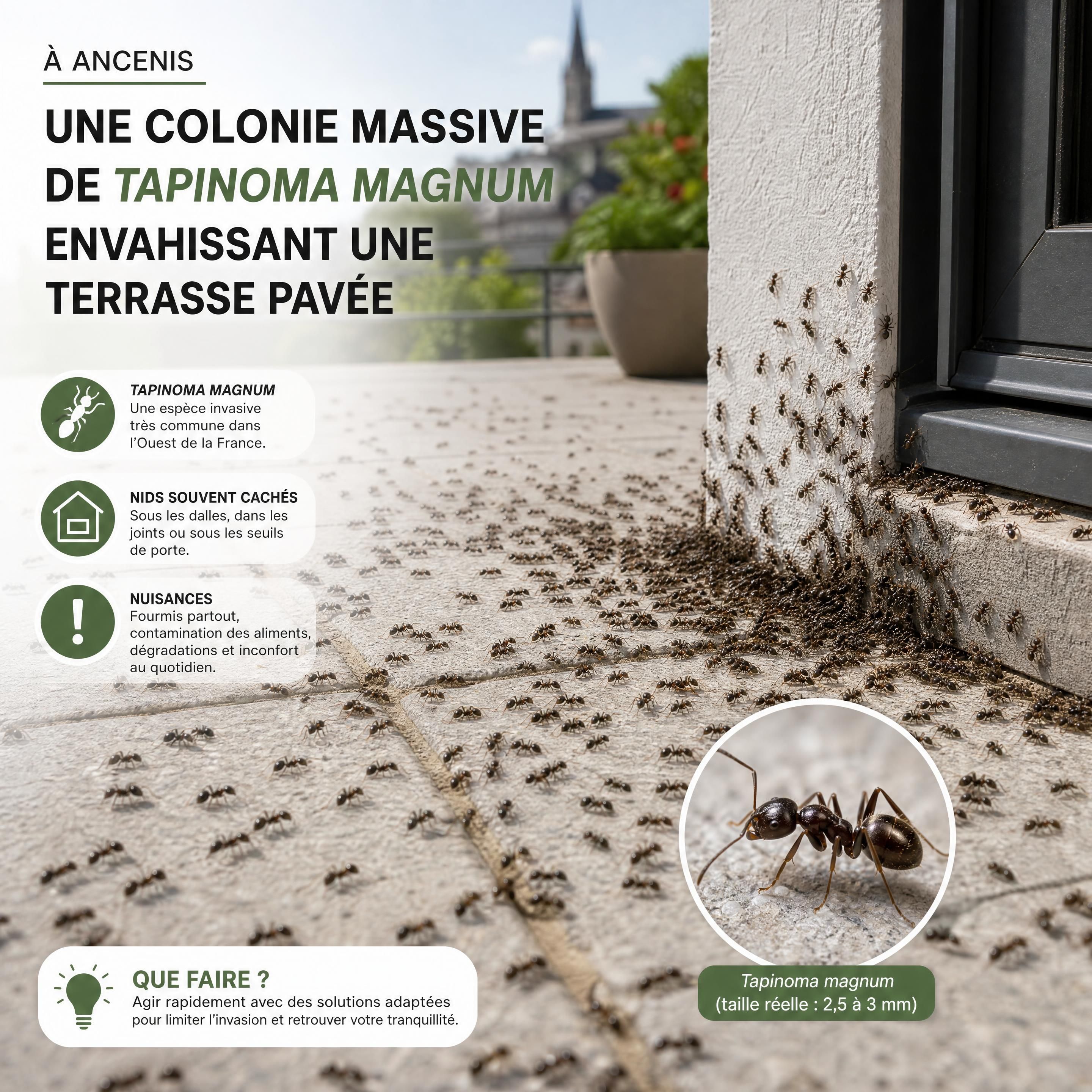 Une colonie massive de Tapinoma magnum envahissant une terrasse pavée à Ancenis